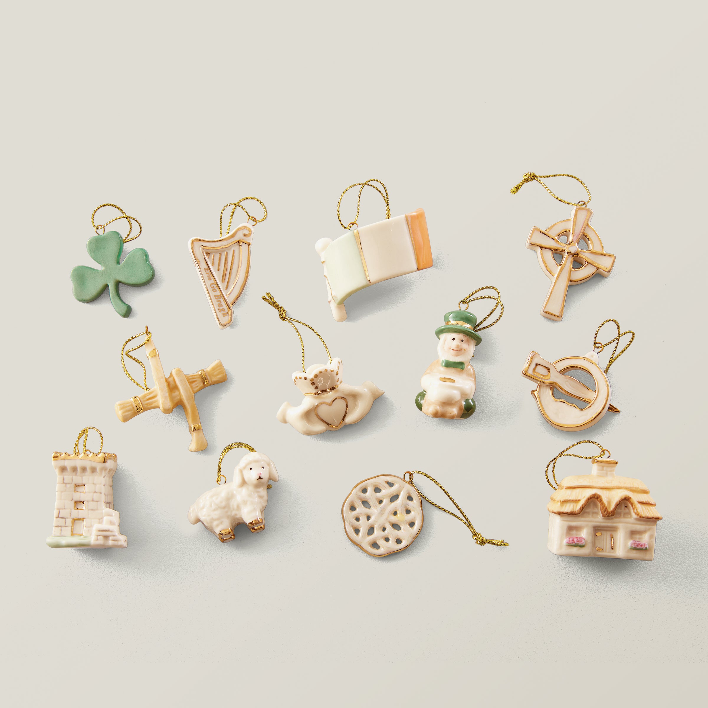 Hand-Painted Irish Ornament Set - 12-Piece Shamrock & Cross Decor