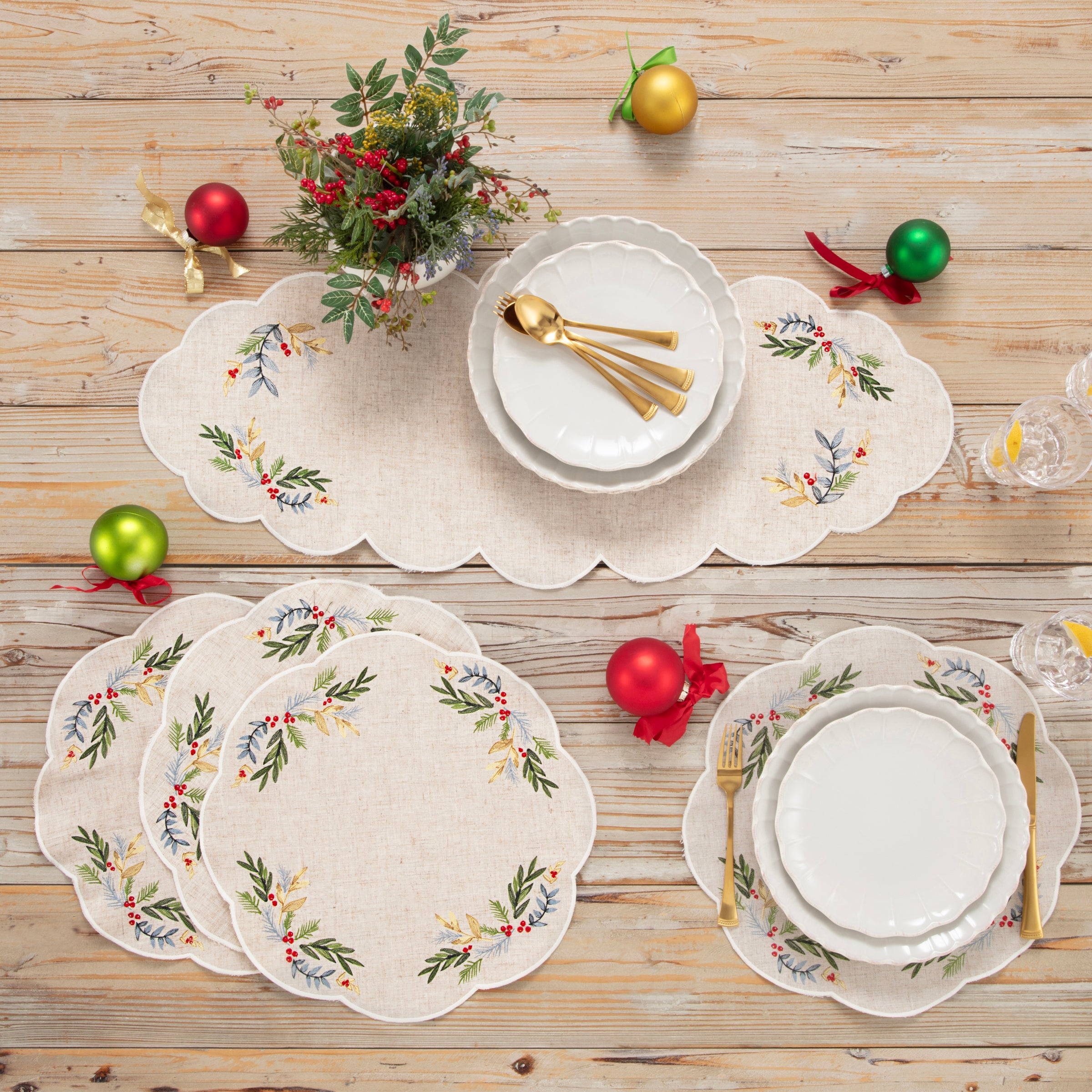 French Country Embroidered Holly Centerpiece 14x31 | French Perle