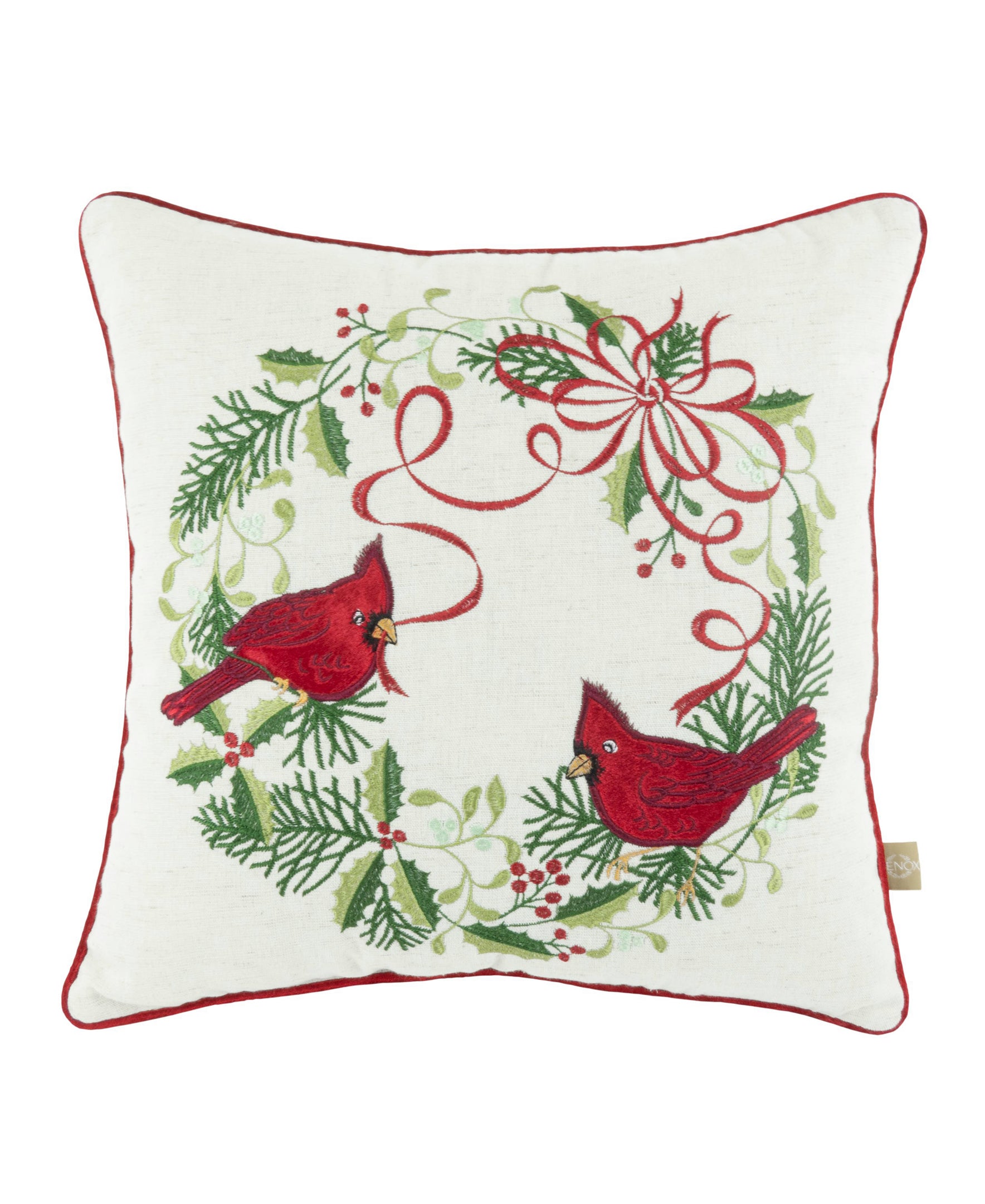 Winter Wreath Throw Pillow 18x18 with Embroidered Cardinals | Cozy Holiday Decor