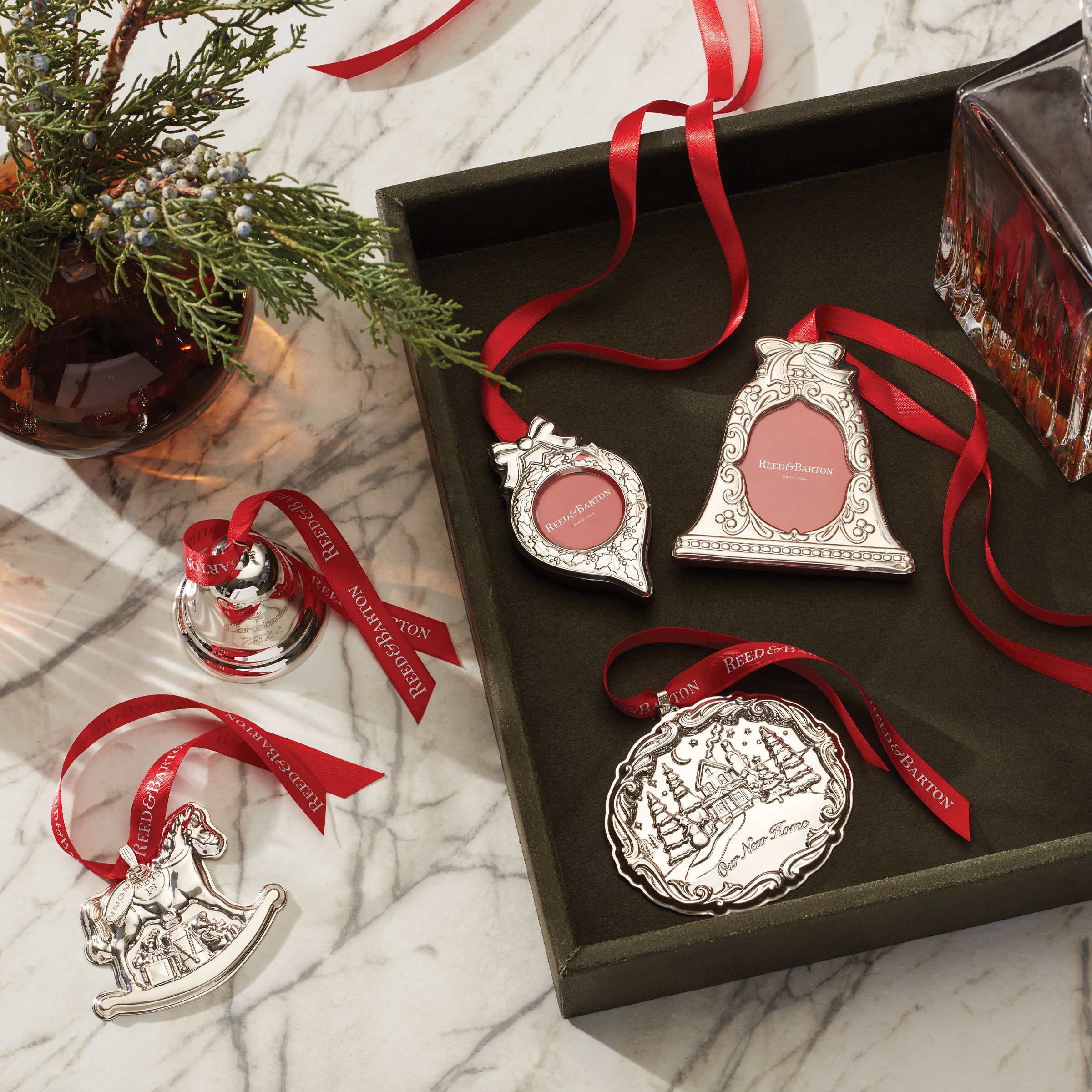 Bell-Shaped Photo Frame Ornament with Holiday Engravings | Sterling