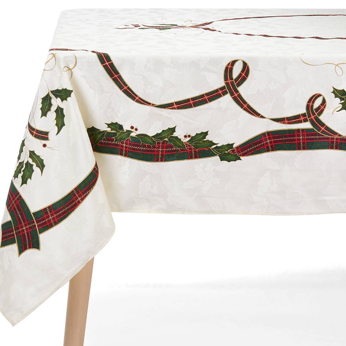 Creamy White Holiday Tablecloth with Holly & Plaid | Nouveau