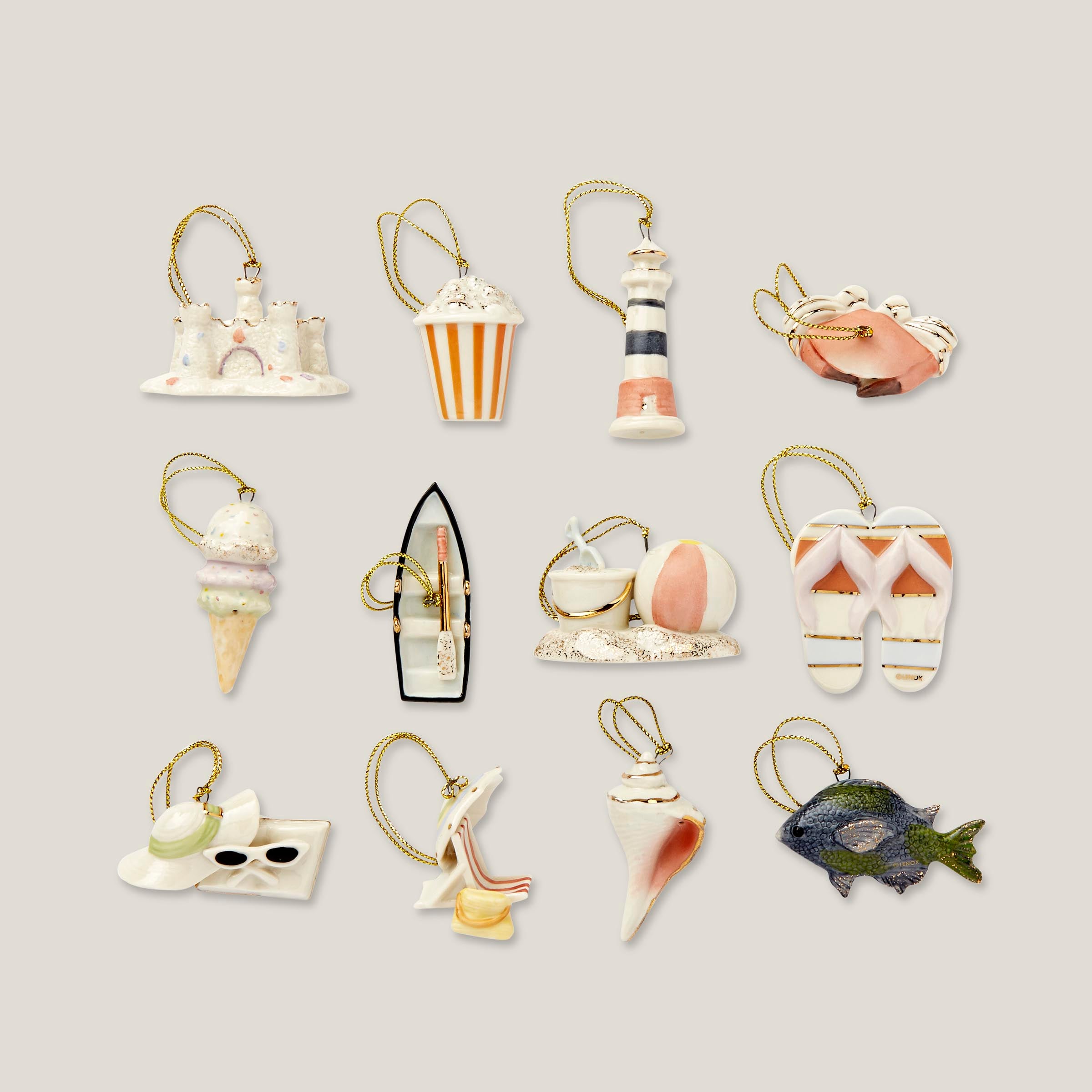 Porcelain Summer Ornament Set - 12-Piece Beach & Vacation Decor