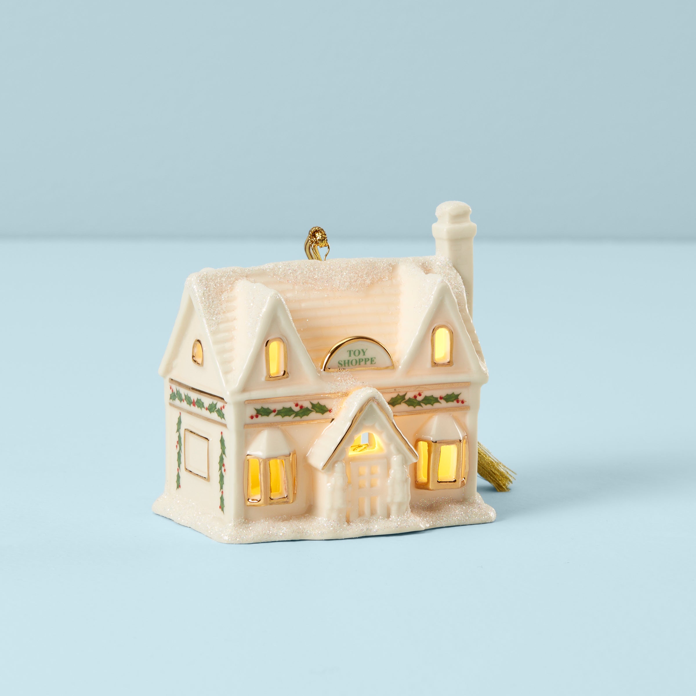 White Ceramic Christmas Village Toy Shop Ornament with LED Lights