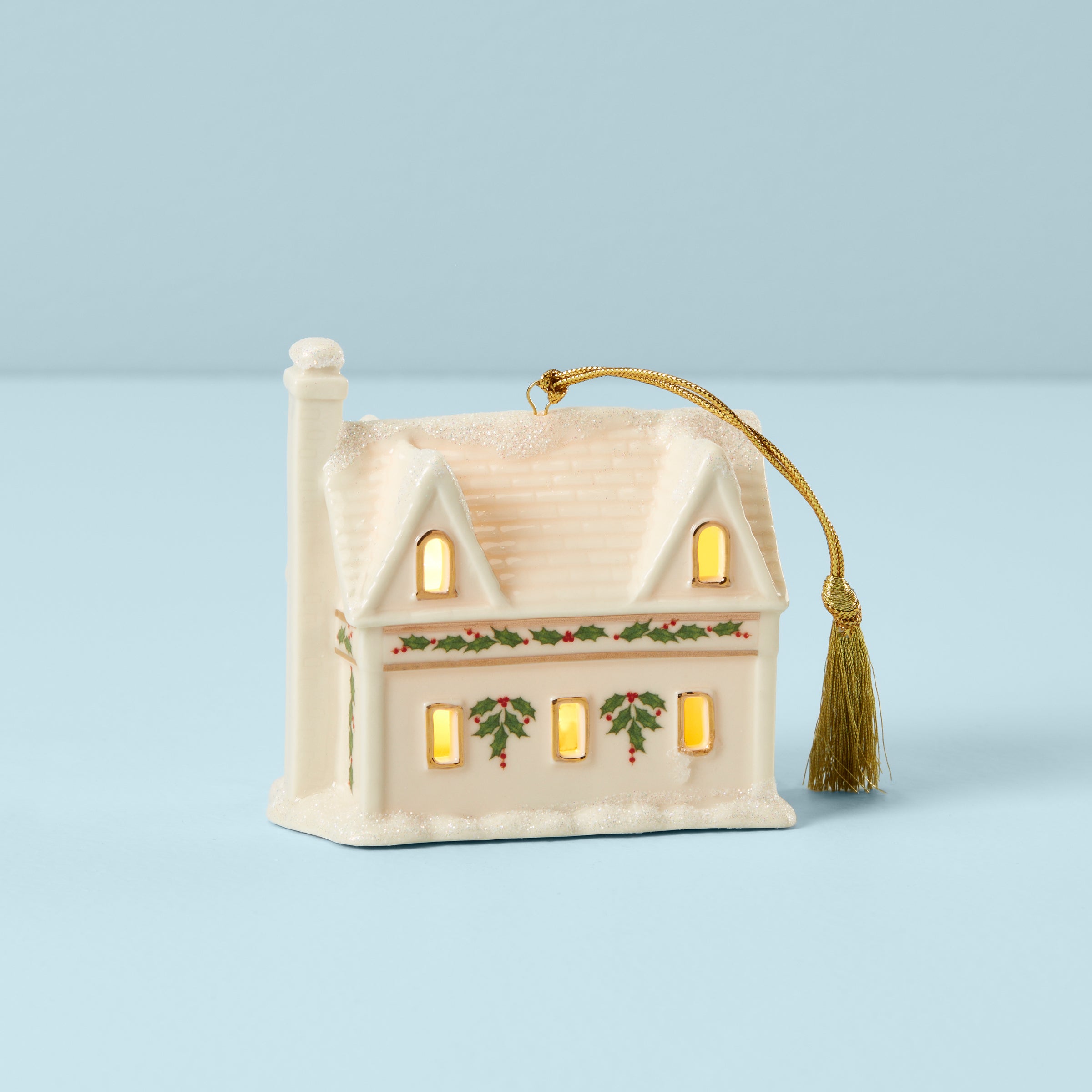 White Ceramic Christmas Village Toy Shop Ornament with LED Lights