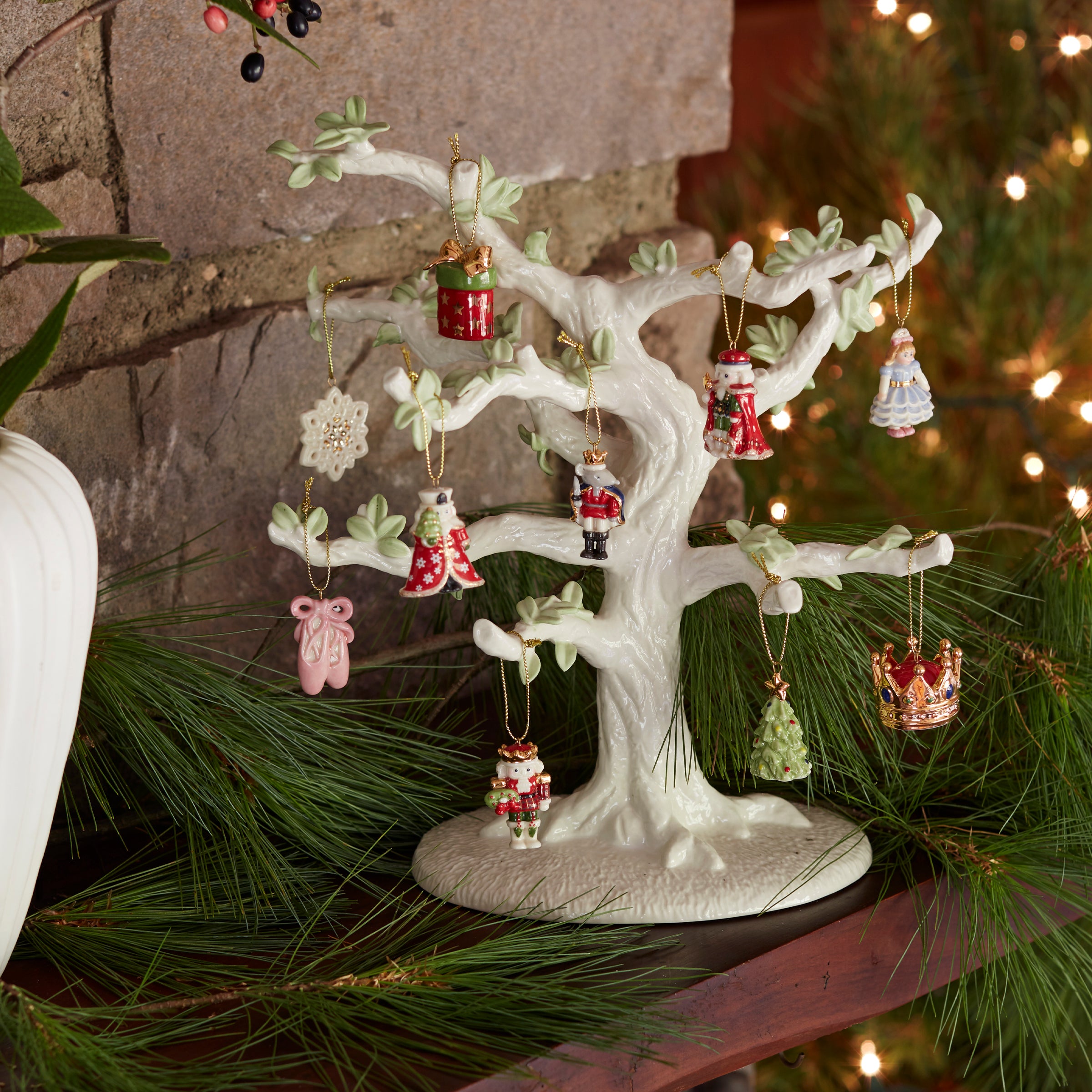 Porcelain Nutcracker Ornament & Tree Set with 10 Mini Decorations