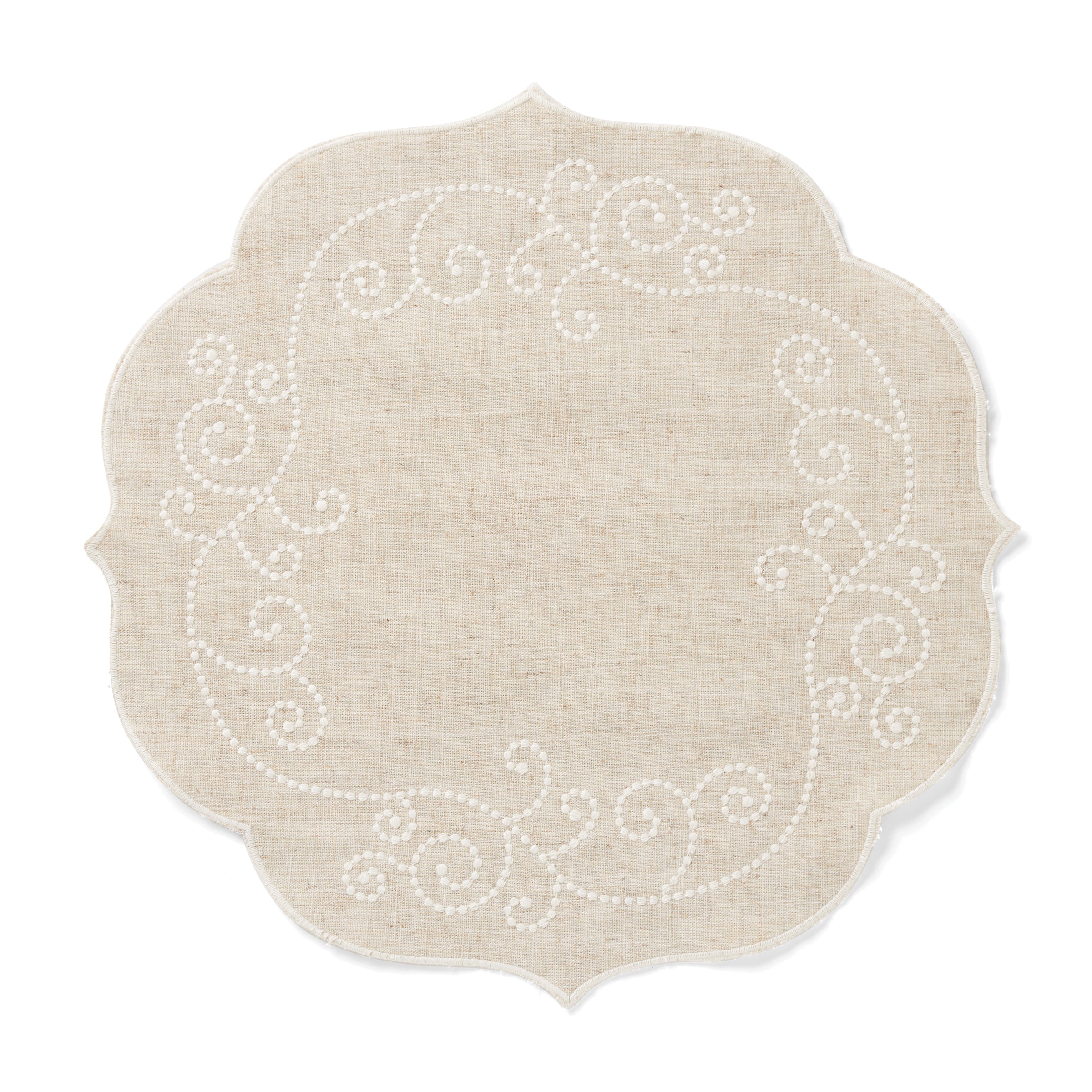 French Country Linen Round Placemat with Vintage Scrolls | Perle