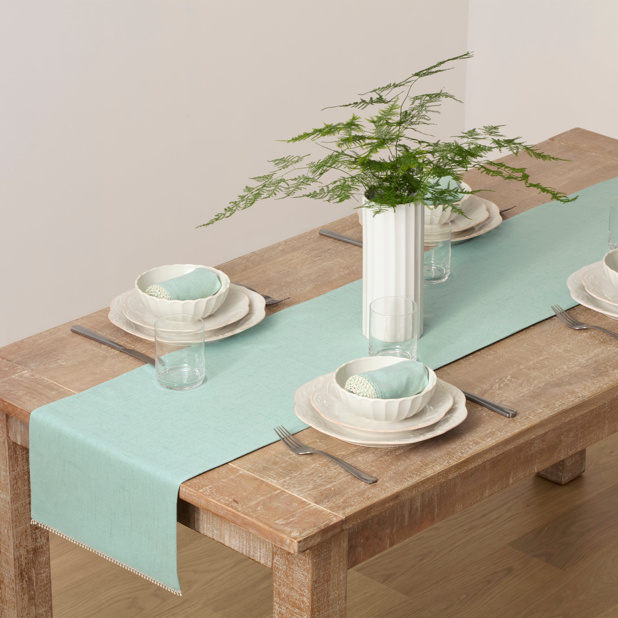 Ice Blue French Country Table Runner with Frayed Edges | French Perle