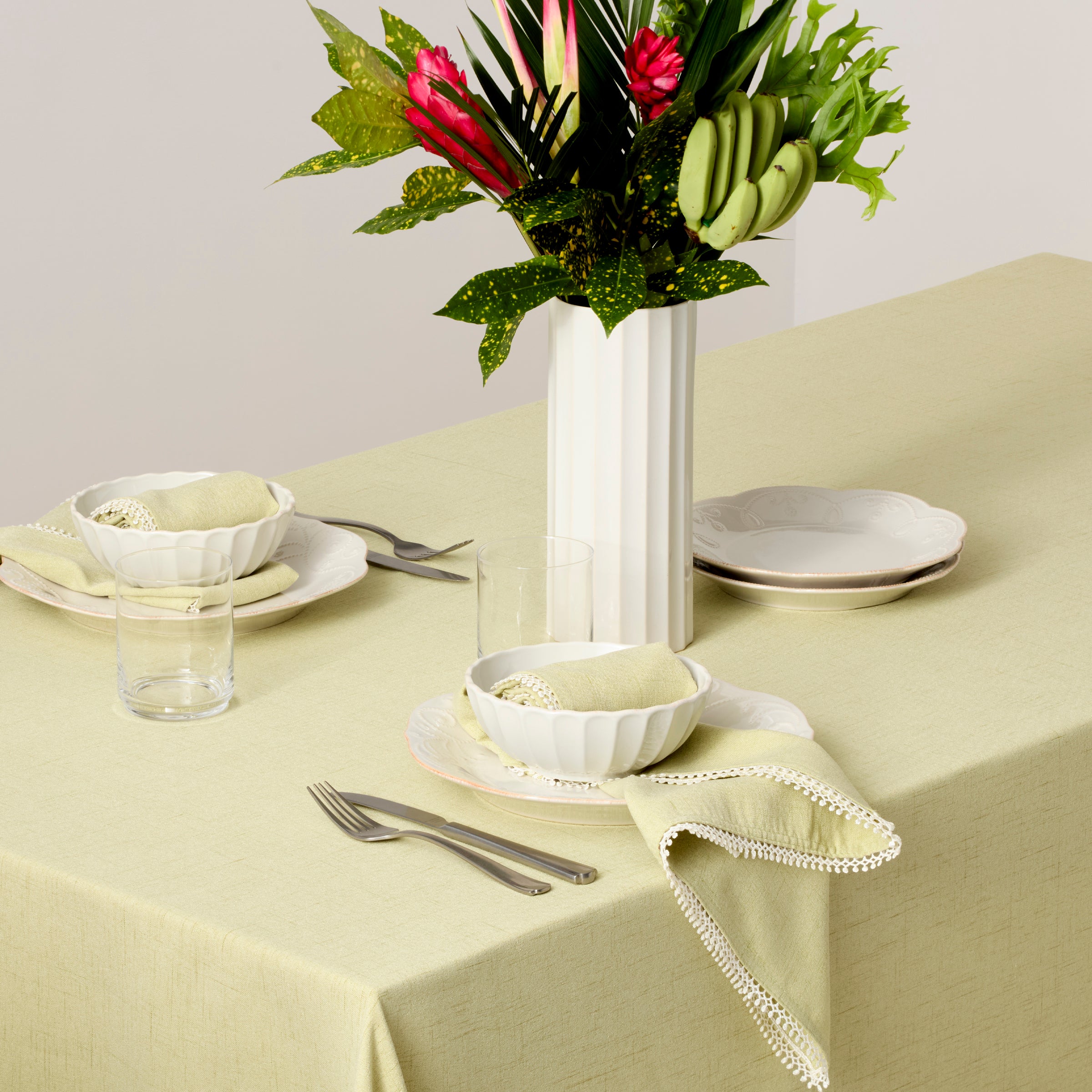 Pistachio French Country Tablecloth with Frayed Edges | French Perle