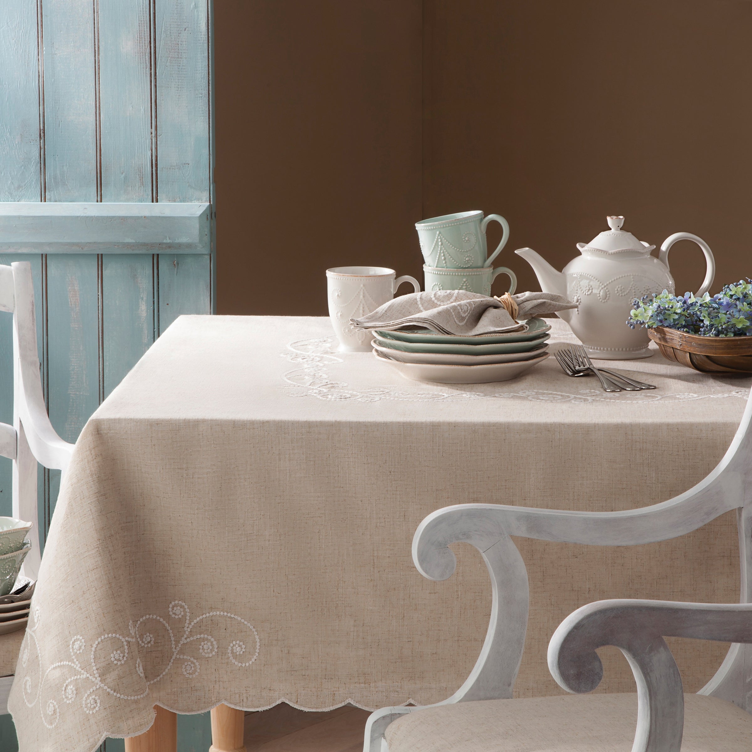 French Perle Linen Tablecloth with Swirls & Scrolls | Crisp White