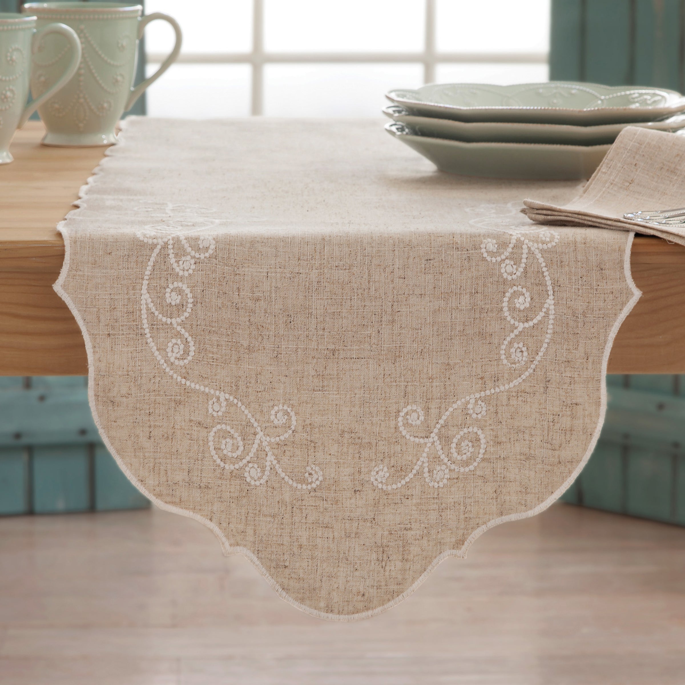 French Perle Linen Table Runner with Swirls & Scrolls | Elegant Dining Decor