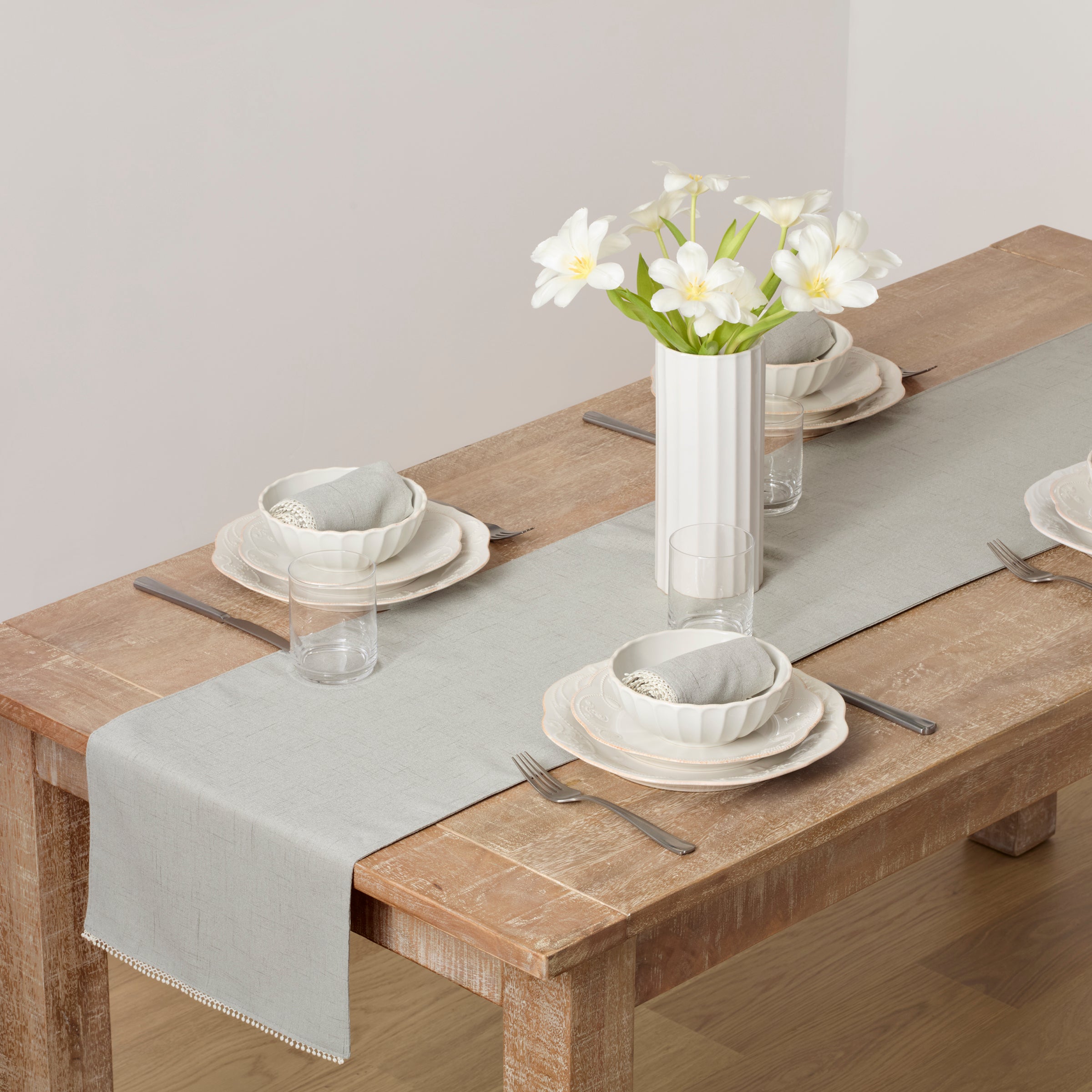 Embroidered Dove Grey Table Runner for French Country Style | French Perle