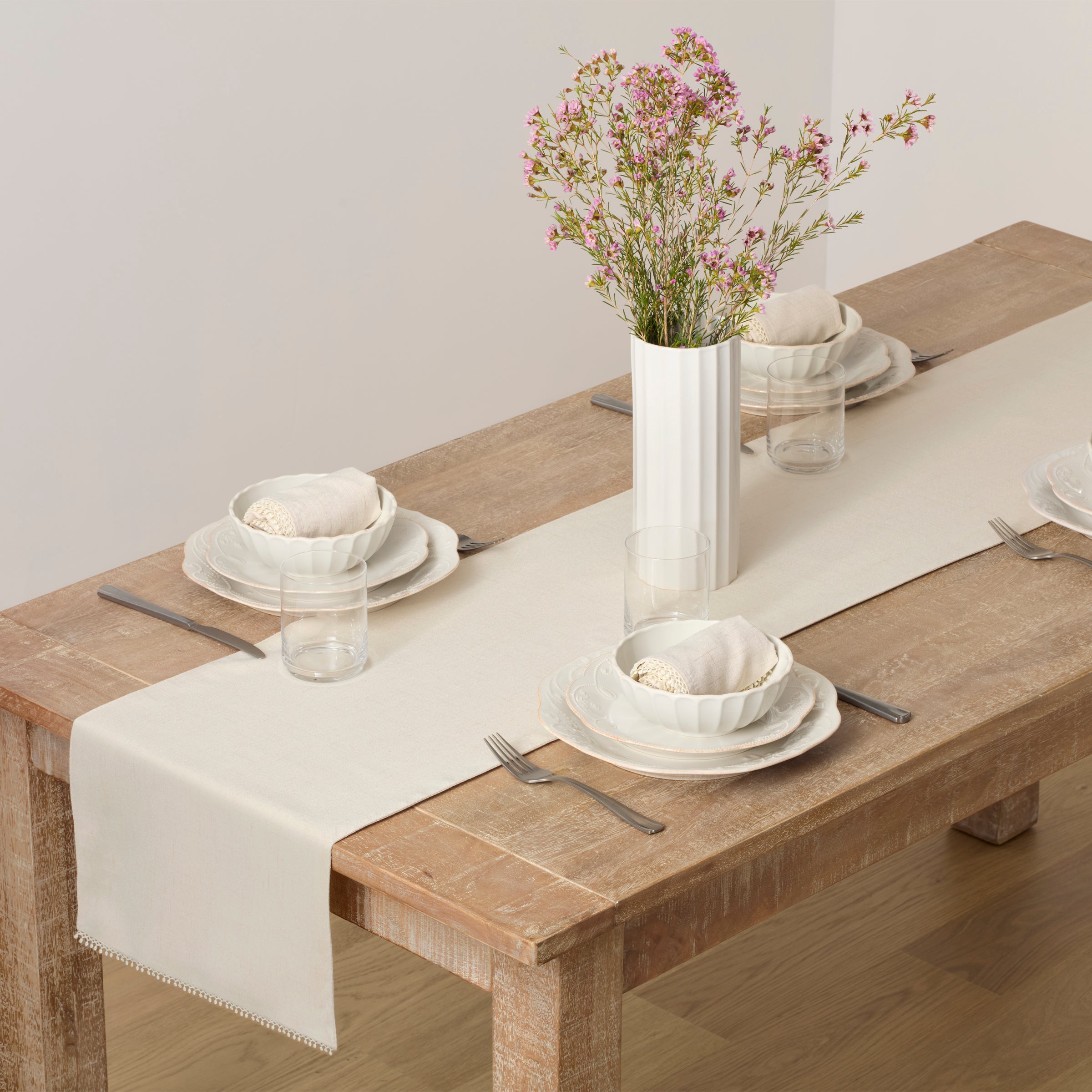 French Country Table Runner with Embroidered Edges | Natural Perle