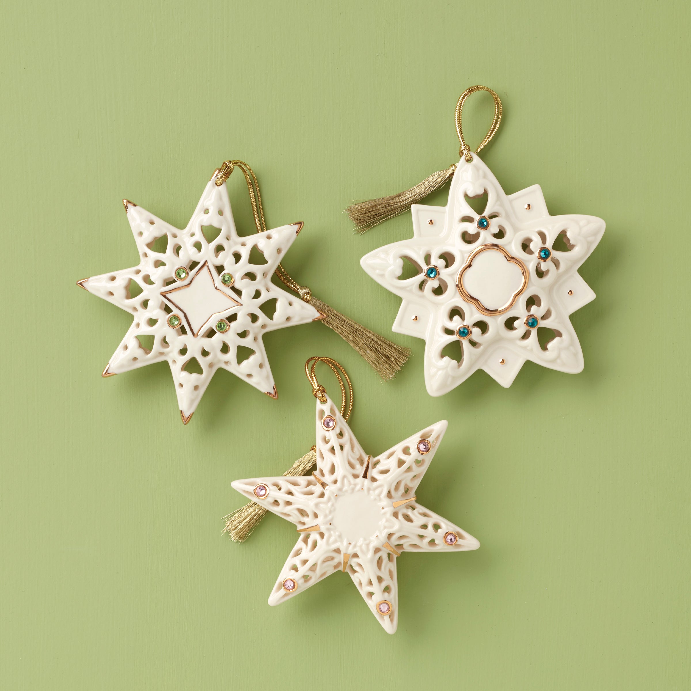 Elegant Pierced Star Ornaments with Gemstones | Set of 3