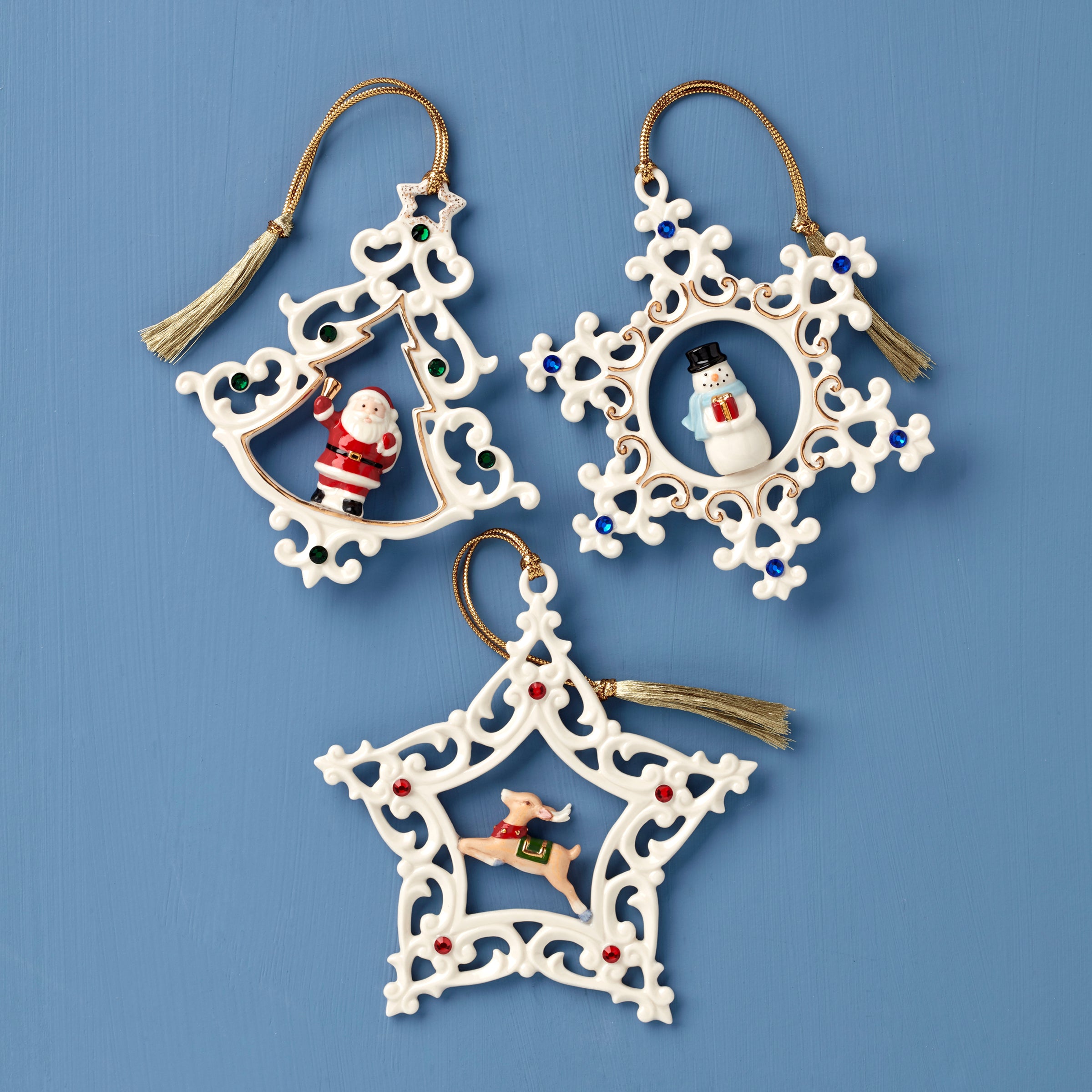 Gemstone Christmas Ornaments - Set of 3 with Gold Accents | Pierced Design