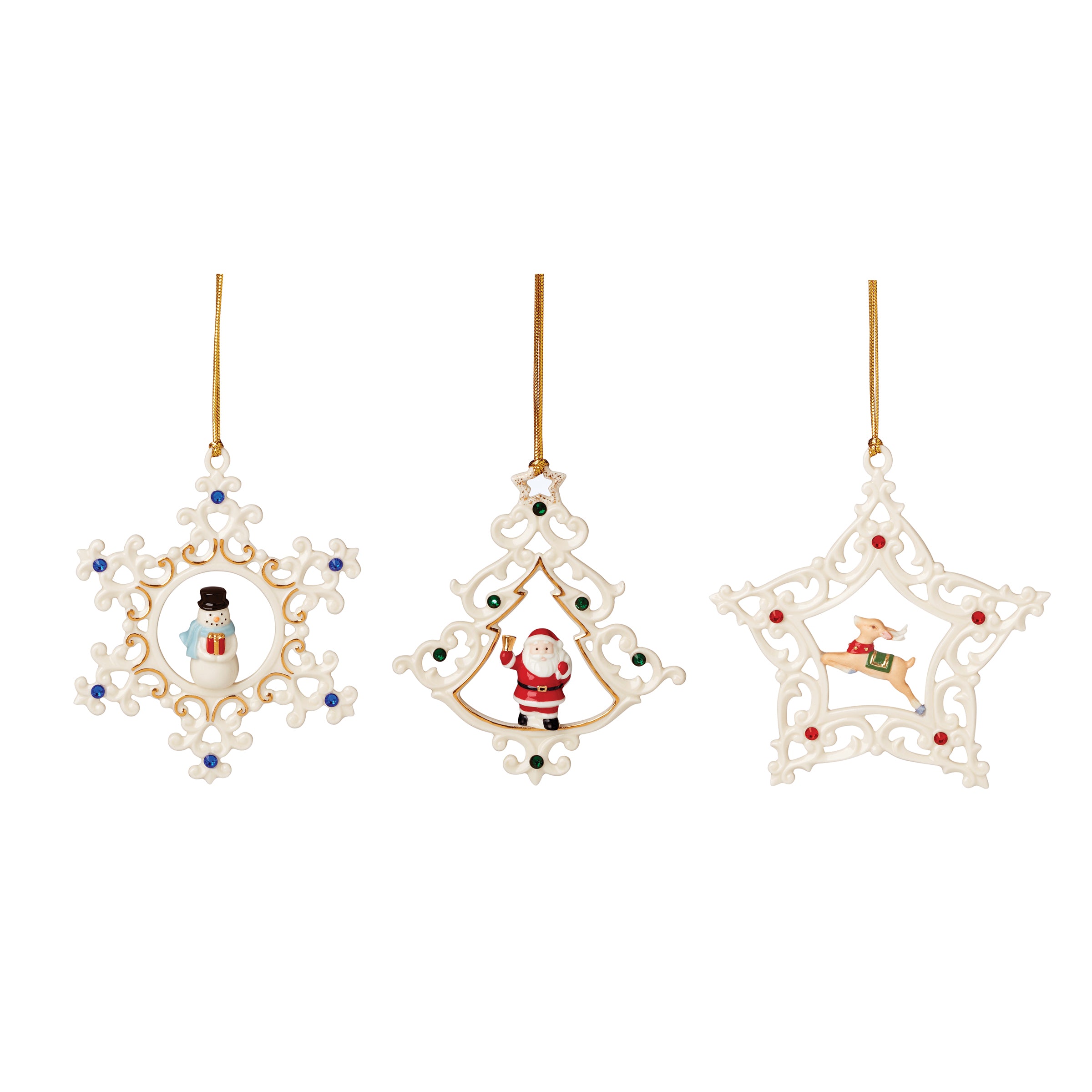 Gemstone Christmas Ornaments - Set of 3 with Gold Accents | Pierced Design