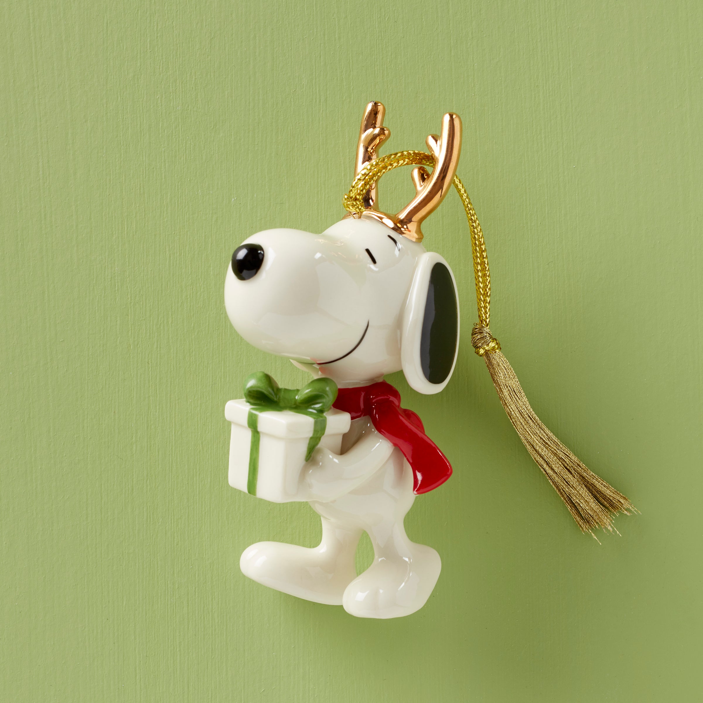 Festive Snoopy Ornament with Gold Antlers & Gift | Christmas Decor