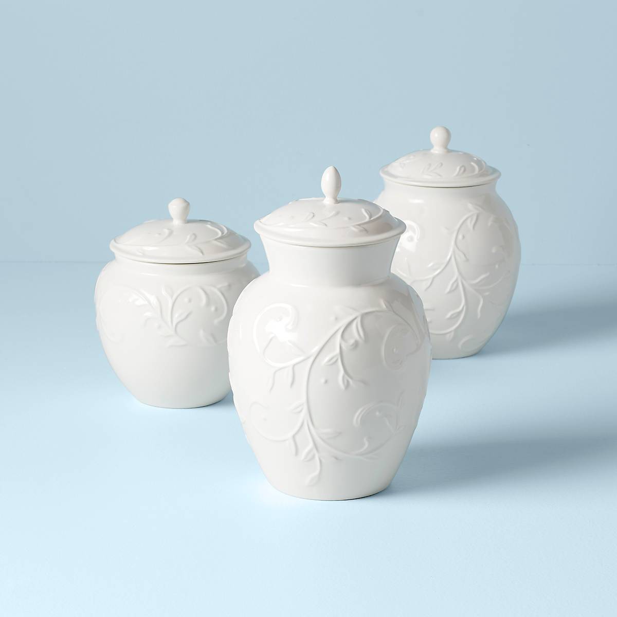 White Ceramic Canister Set with Carved Design | Opal Innocence