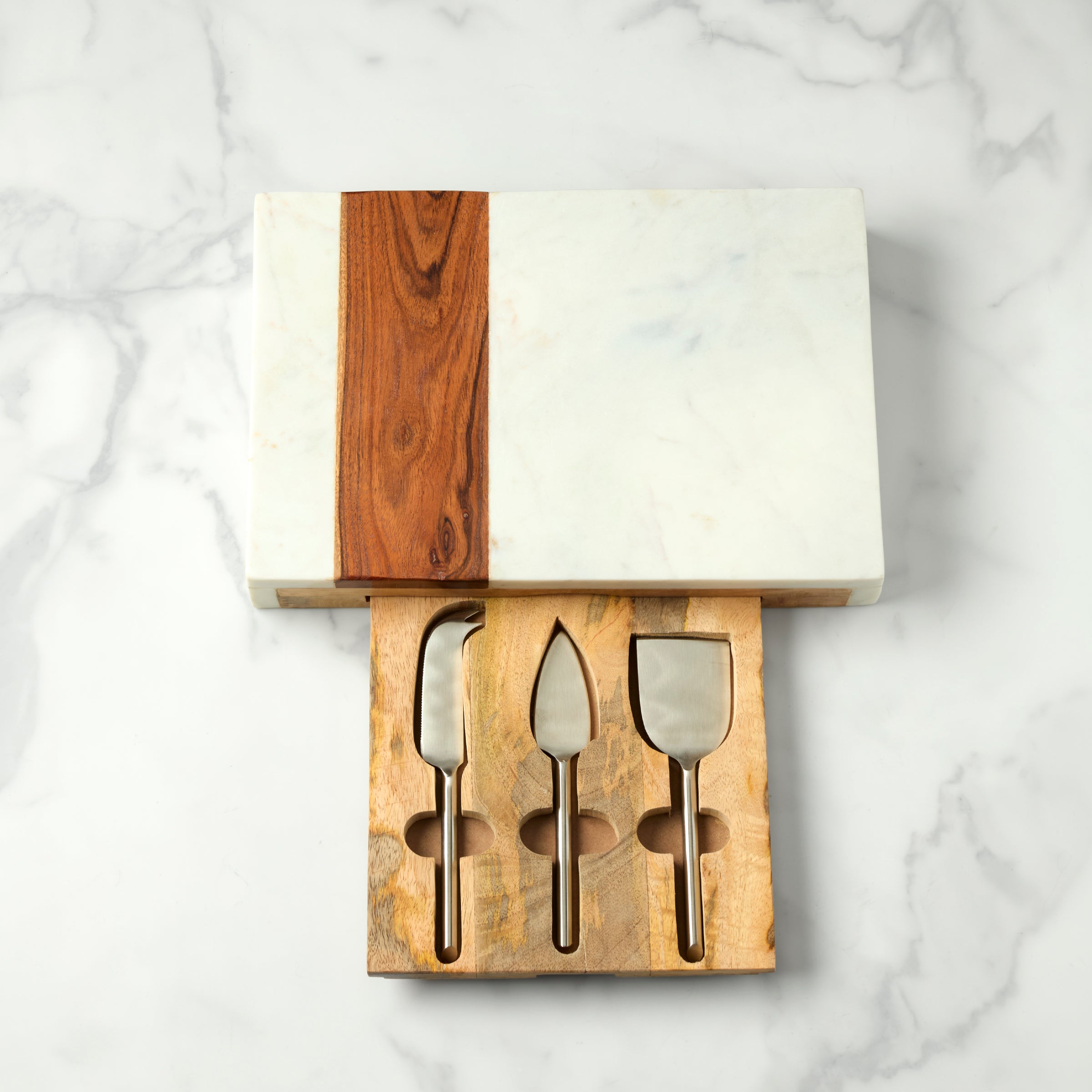 Marble & Wood Cheese Board Set with Drawer & Spreaders | Handcrafted Serving Tray