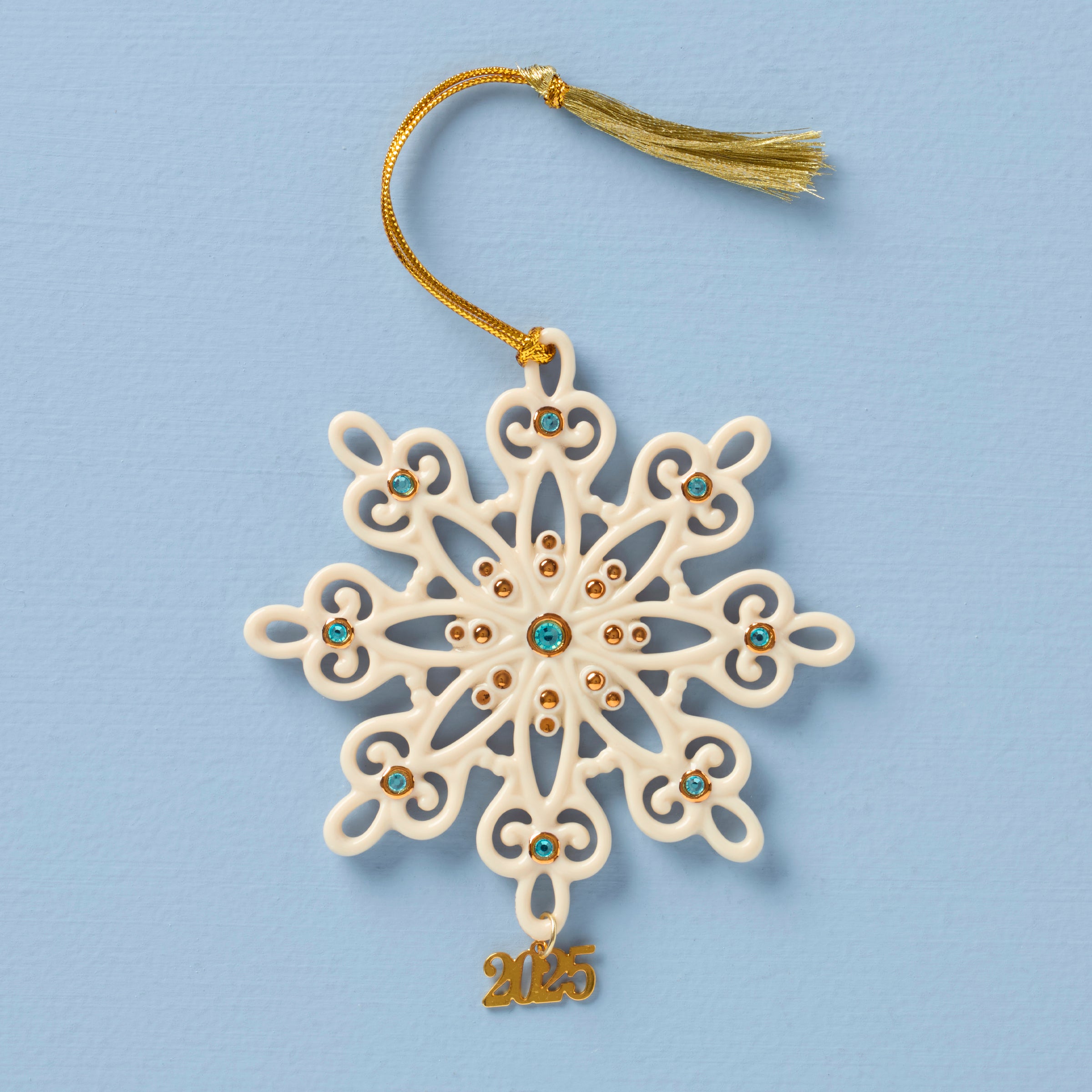 2025 Snowflake Ornament with Gold & Blue Gems | Gemmed Winter Decor