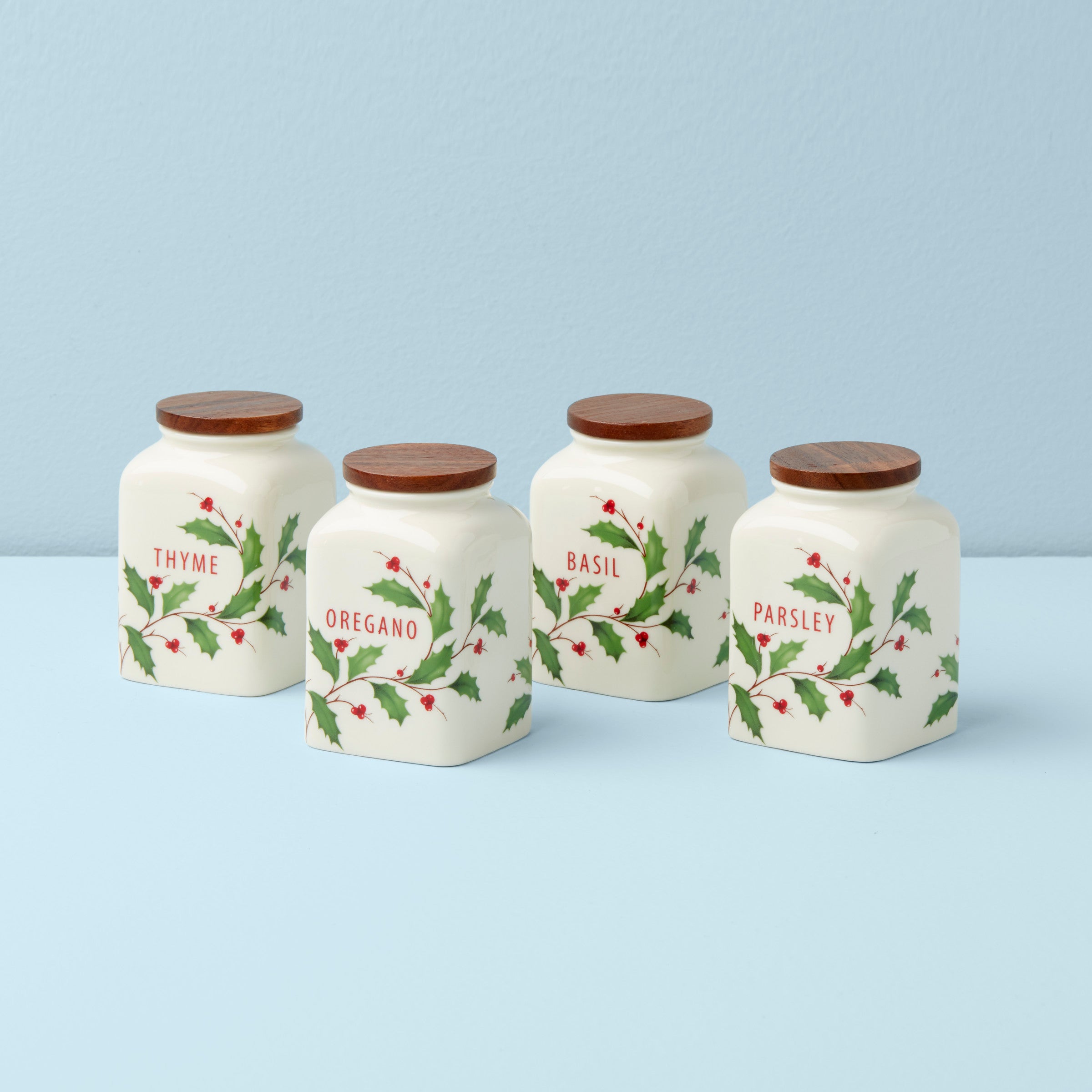 Holiday Spice Jars Set of 4 with Wooden Lids - Christmas Cooking