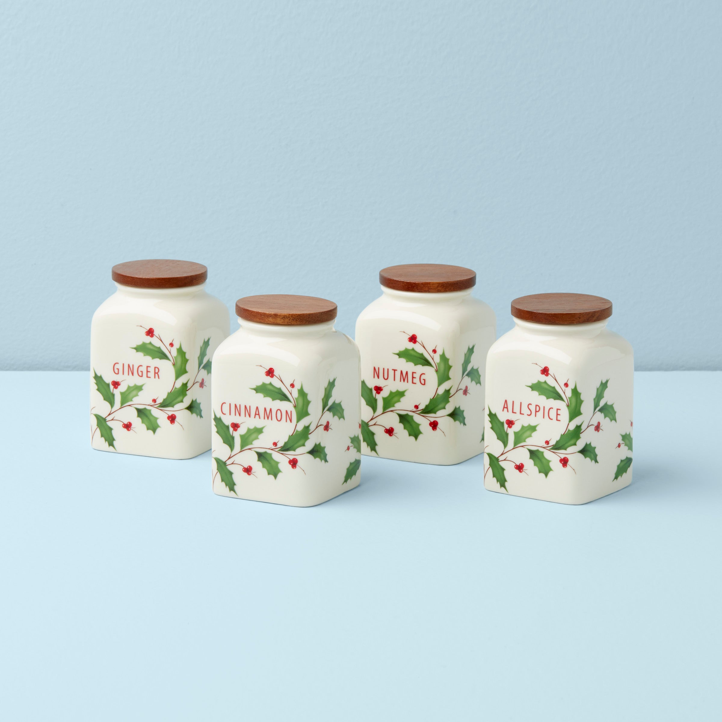 Holiday Spice Jars Set of 4 with Wooden Lids - Christmas Baking