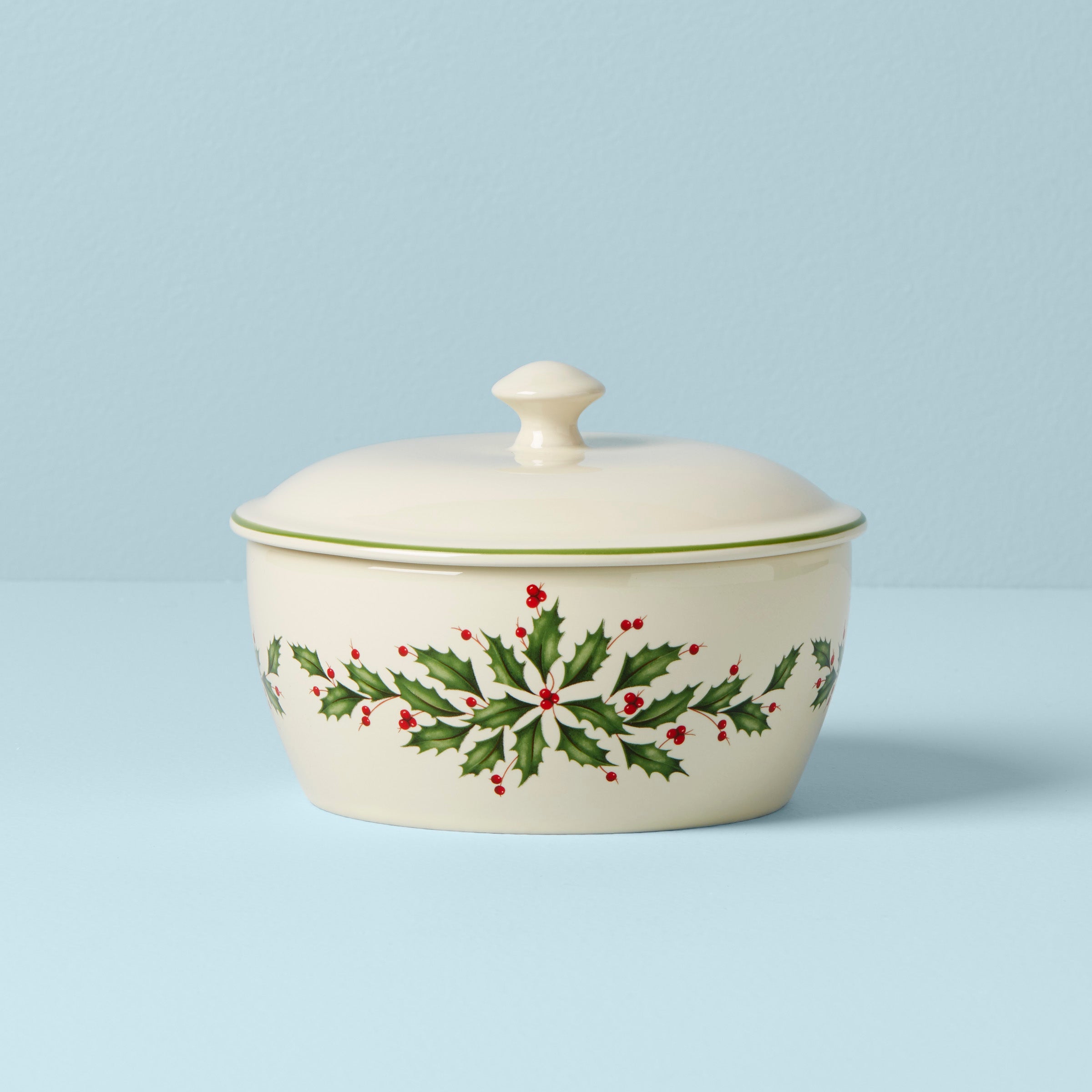 Holiday Porcelain Casserole Dish with Lid & Holly Motif | Hosting the Holidays