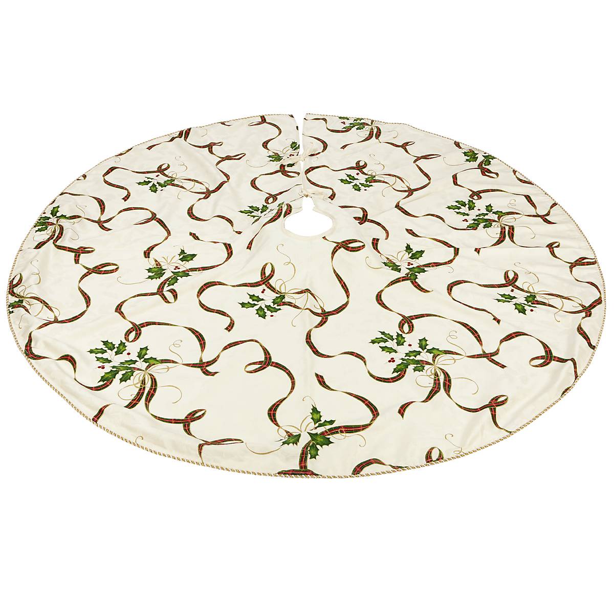 Creamy White Holiday Tree Skirt with Holly & Plaid | Nouveau