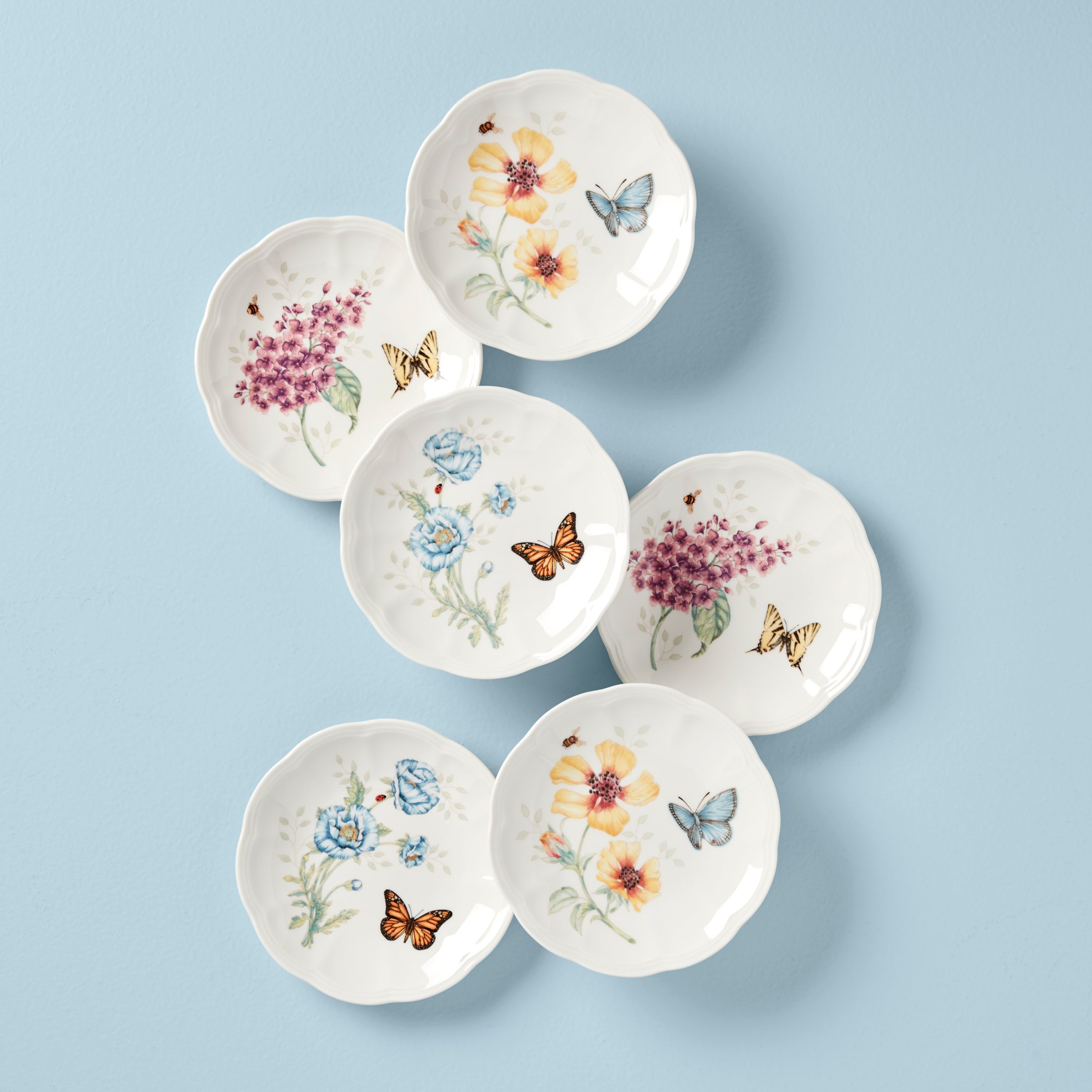 Butterfly Meadow 6-Piece Porcelain Tidbit Plate Set | Scalloped Edges