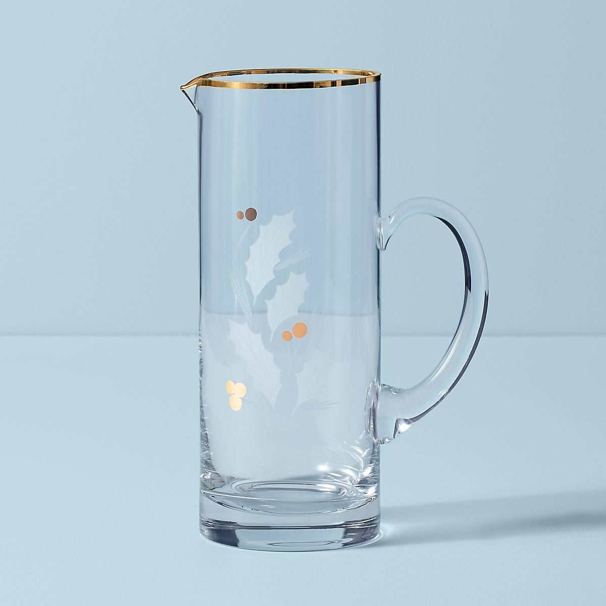 Holiday Glass Pitcher with Gold Etched Holly Design | Elegant Serveware