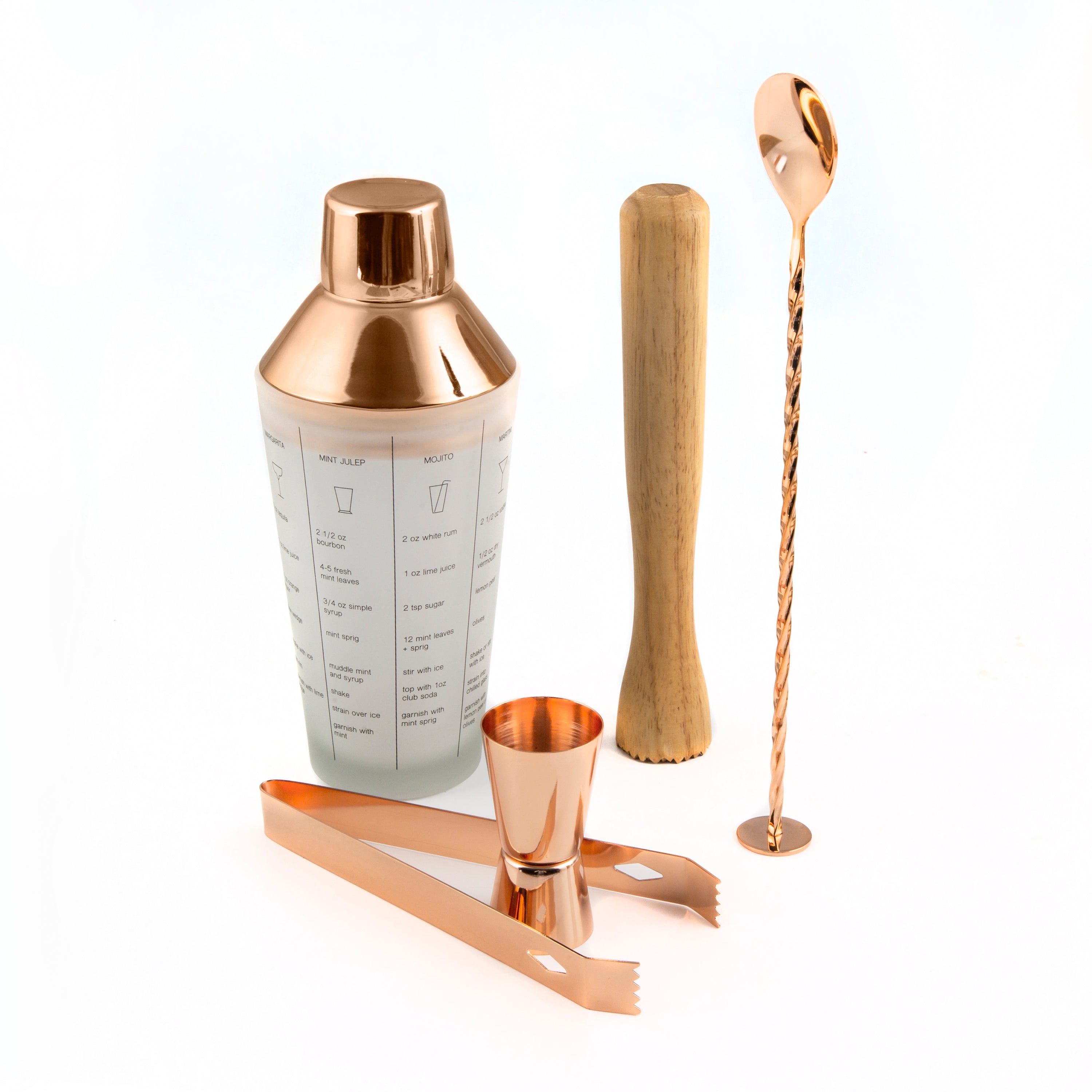 Copper Mixology Set 5-Piece with Recipe Shaker & Muddler | Bar Essentials
