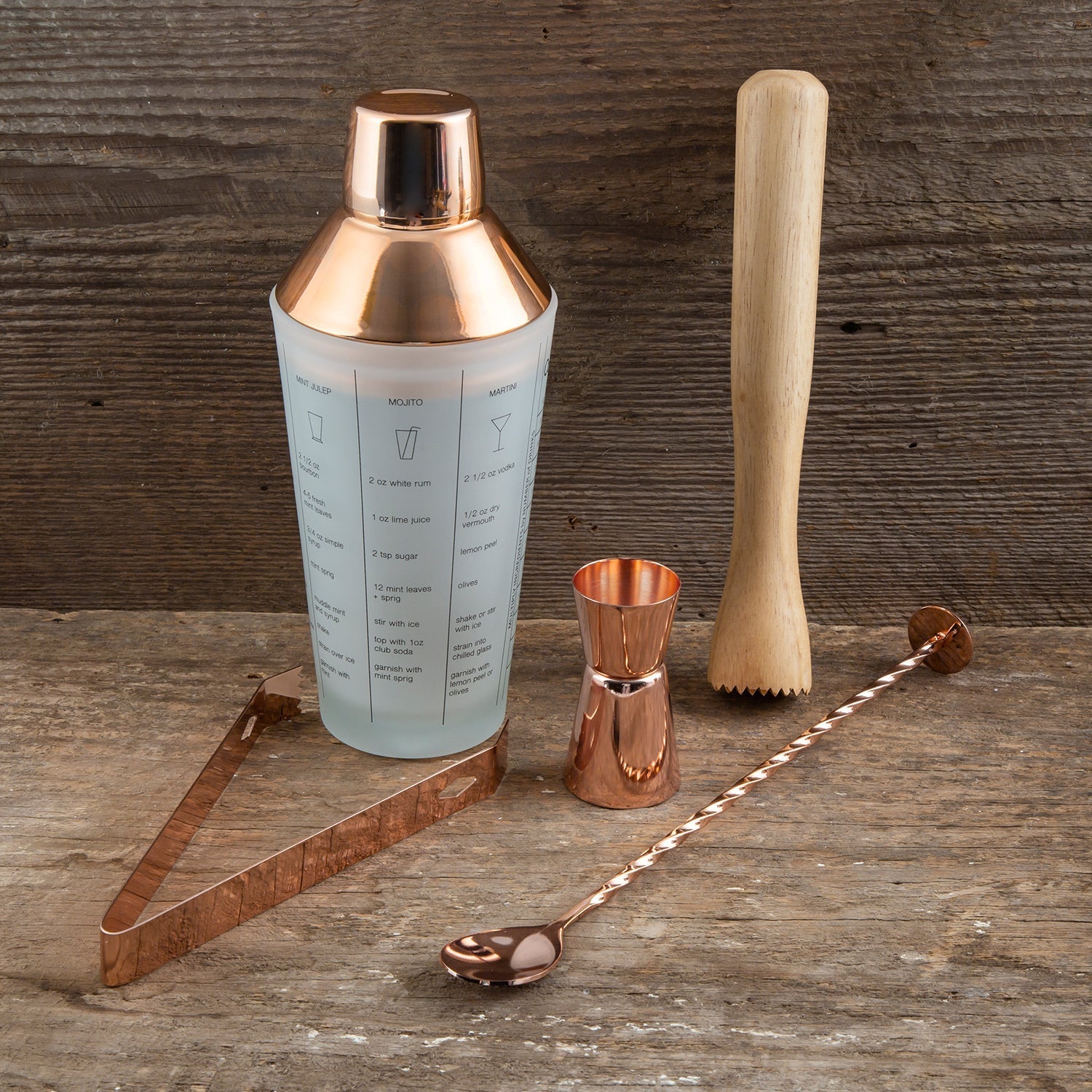 Copper Mixology Set 5-Piece with Recipe Shaker & Muddler | Bar Essentials
