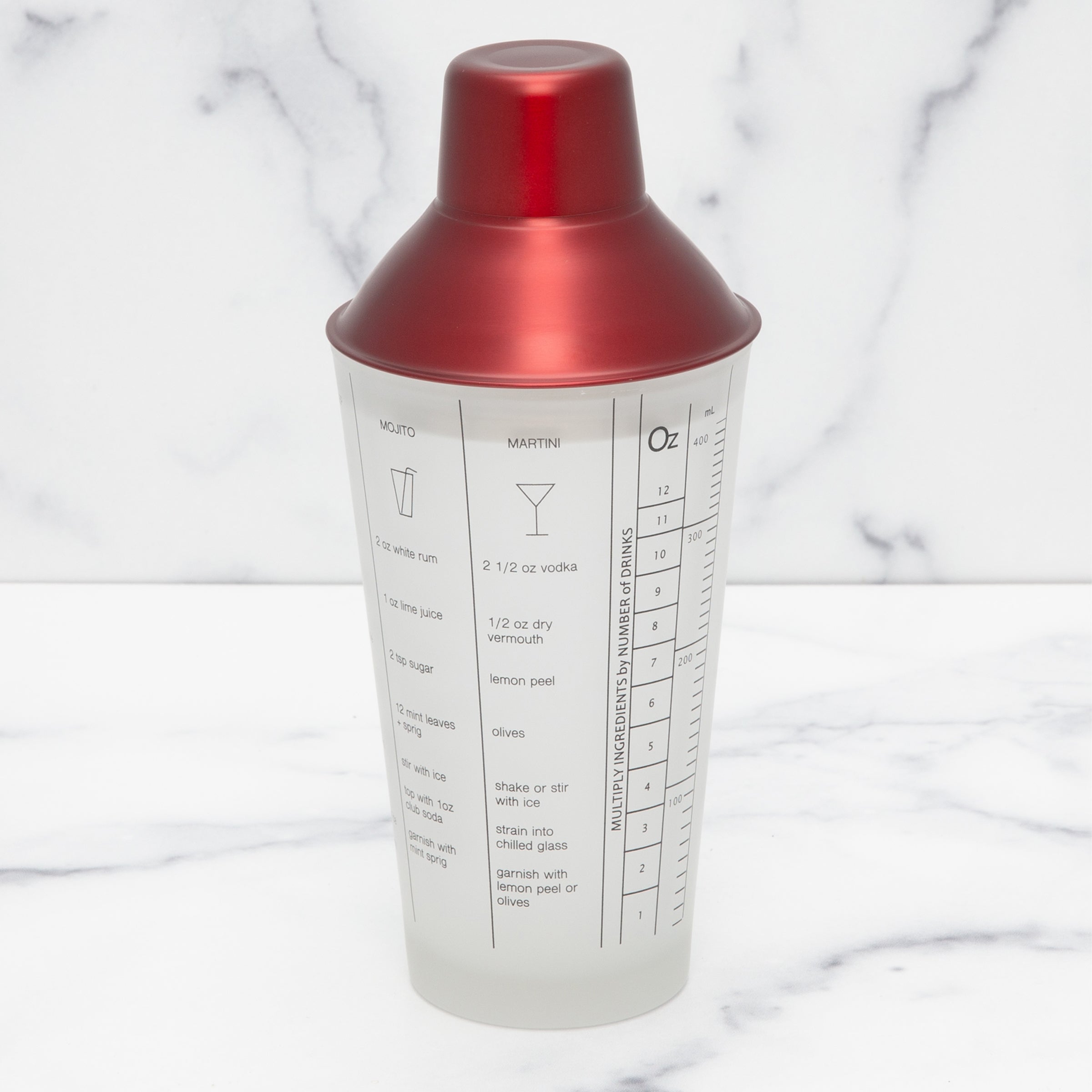Red Stainless Steel Cocktail Shaker with Printed Recipes | Bar Essentials