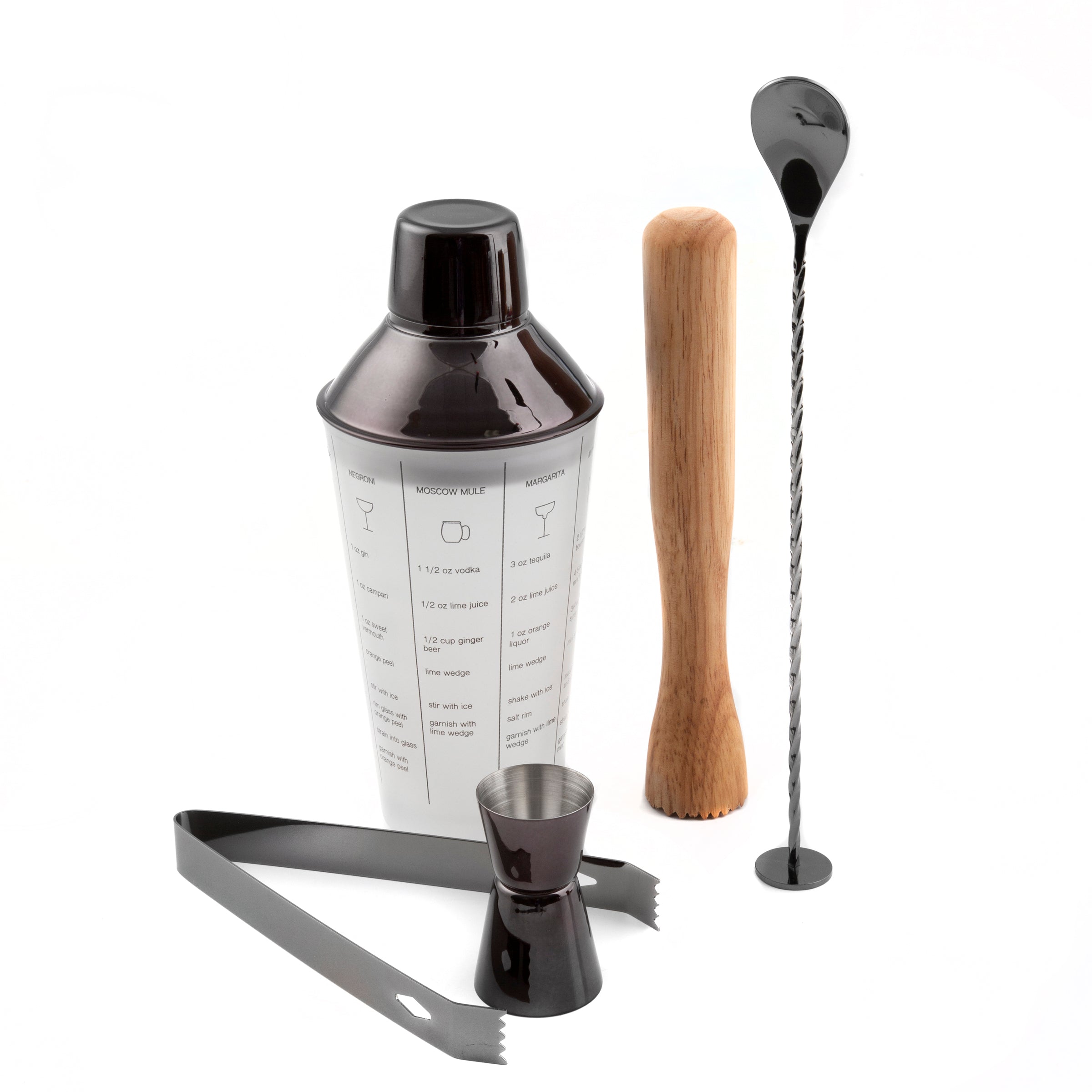 Black Mixology Set 5-Piece with Glass Shaker & Muddler | Bar Essentials