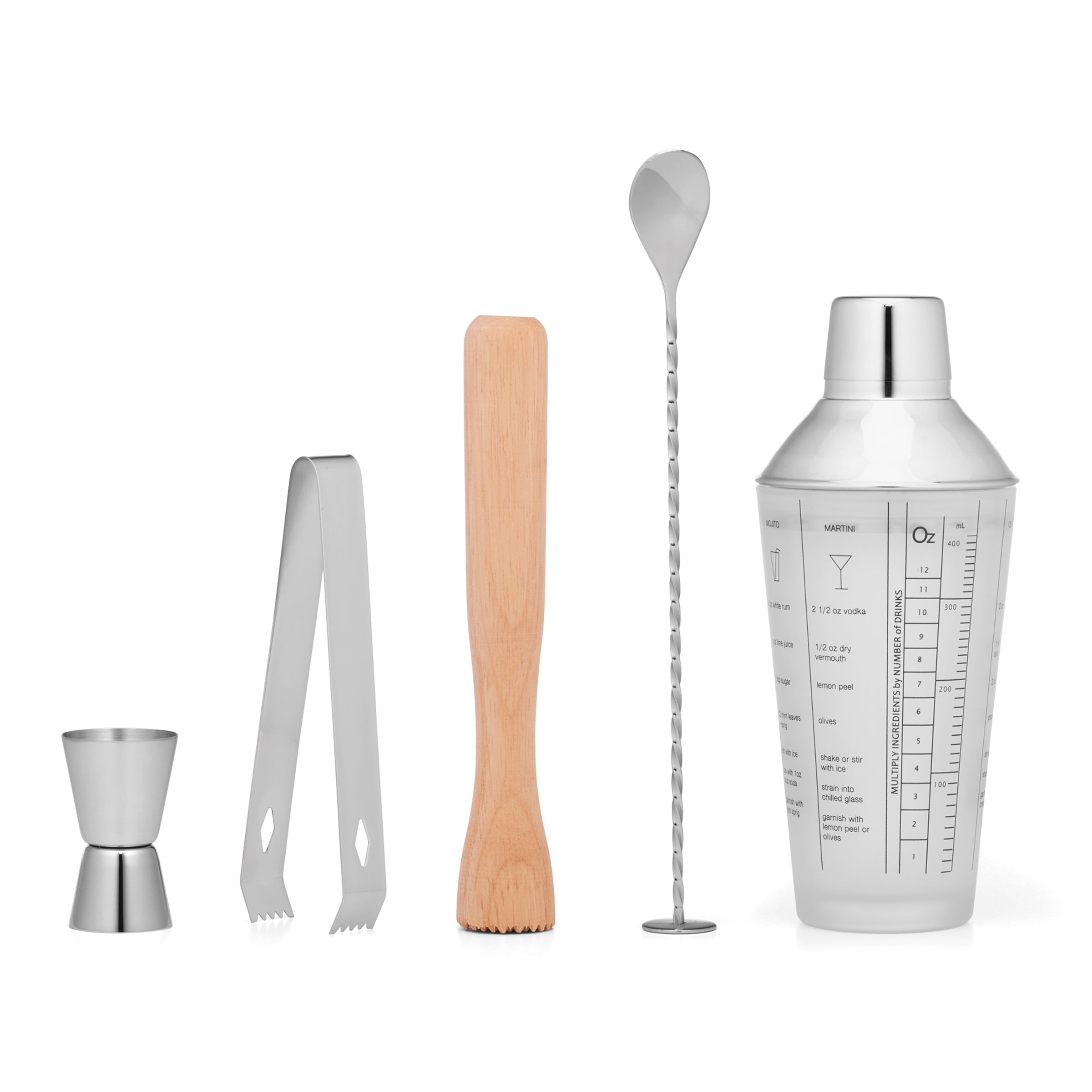 5-Piece Mixology Set with Stainless Steel Tools & Recipe Shaker | Bar Essentials