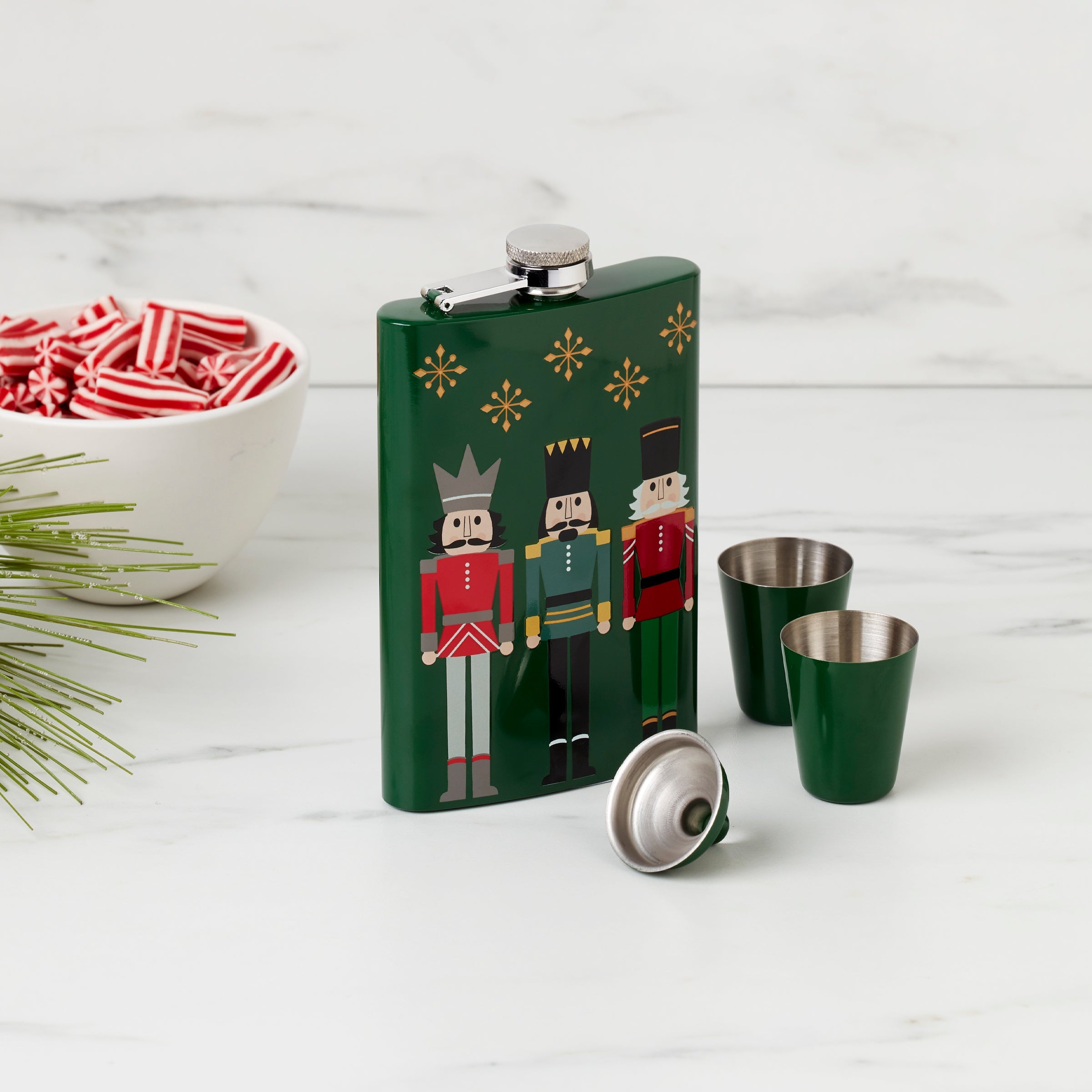 Nutcracker Flask Set with Shot Glasses & Funnel | 4-Piece Gift