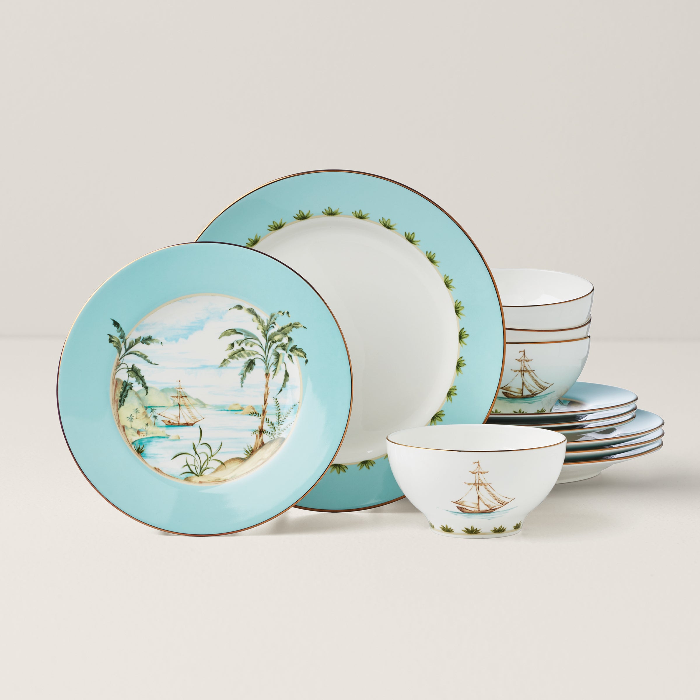 British Colonial 12-Piece Dinnerware Set with Gold Accents | Tradewind