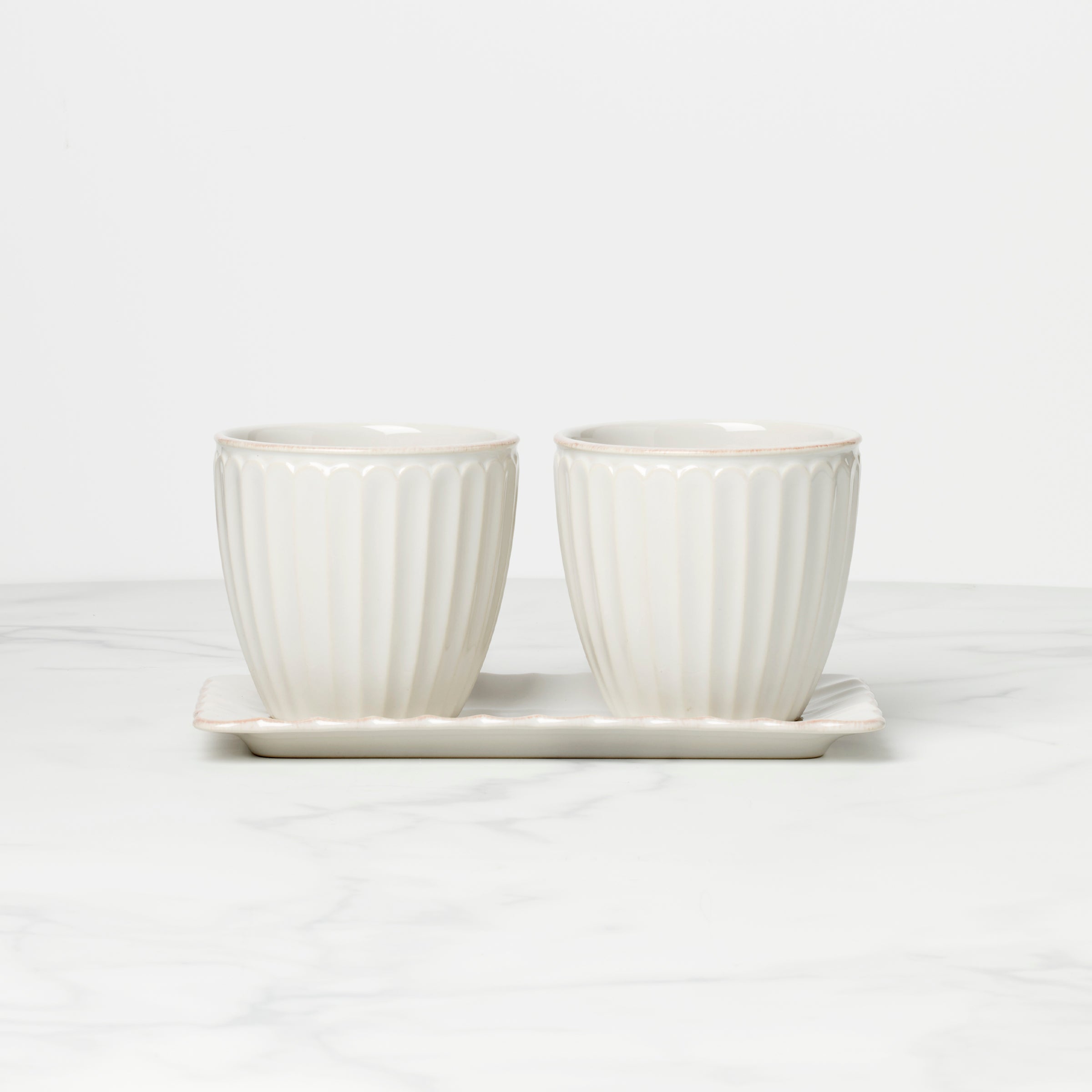 Scalloped Stoneware Herb Pot Set - French Perle Design