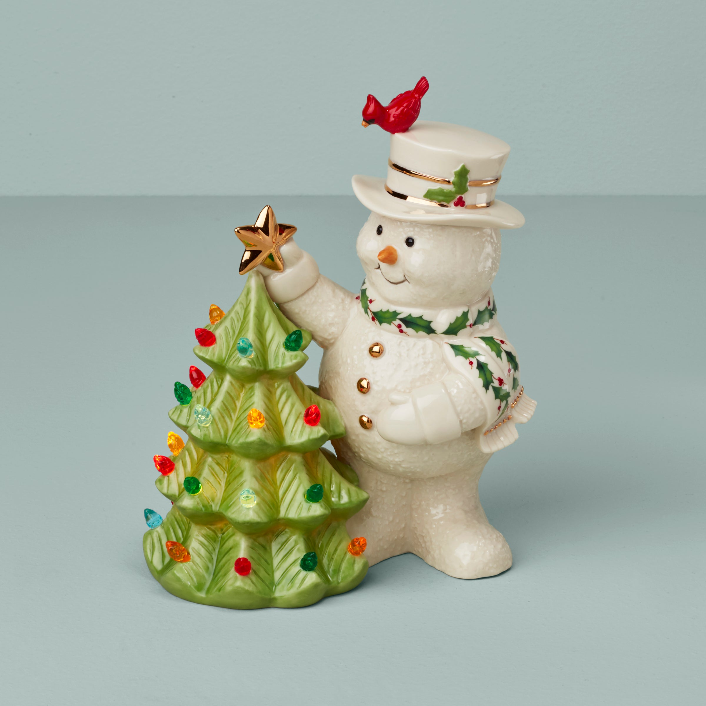 Snowman Christmas Figurine with Lights & Gold Accents | Happy Holly Days