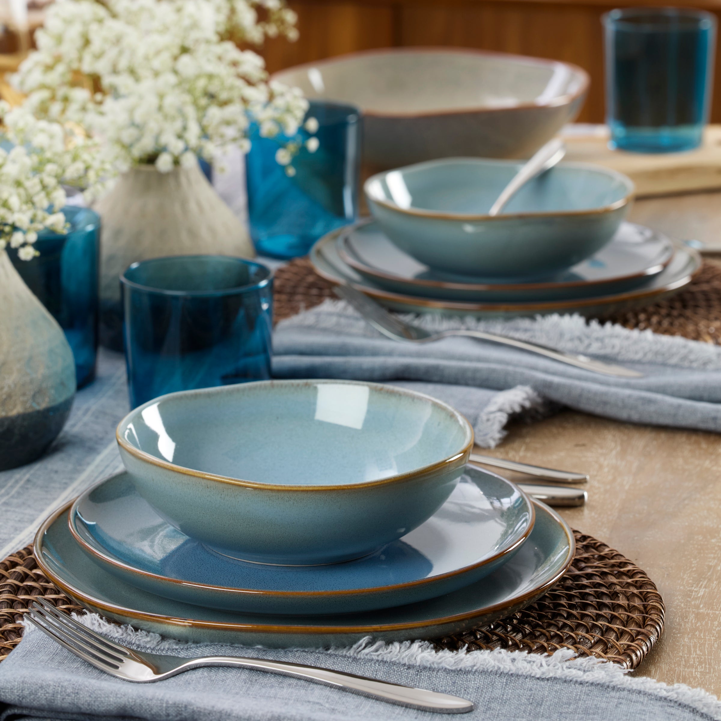 Blue Stoneware Dinnerware Set 12-Piece | Organic Shades