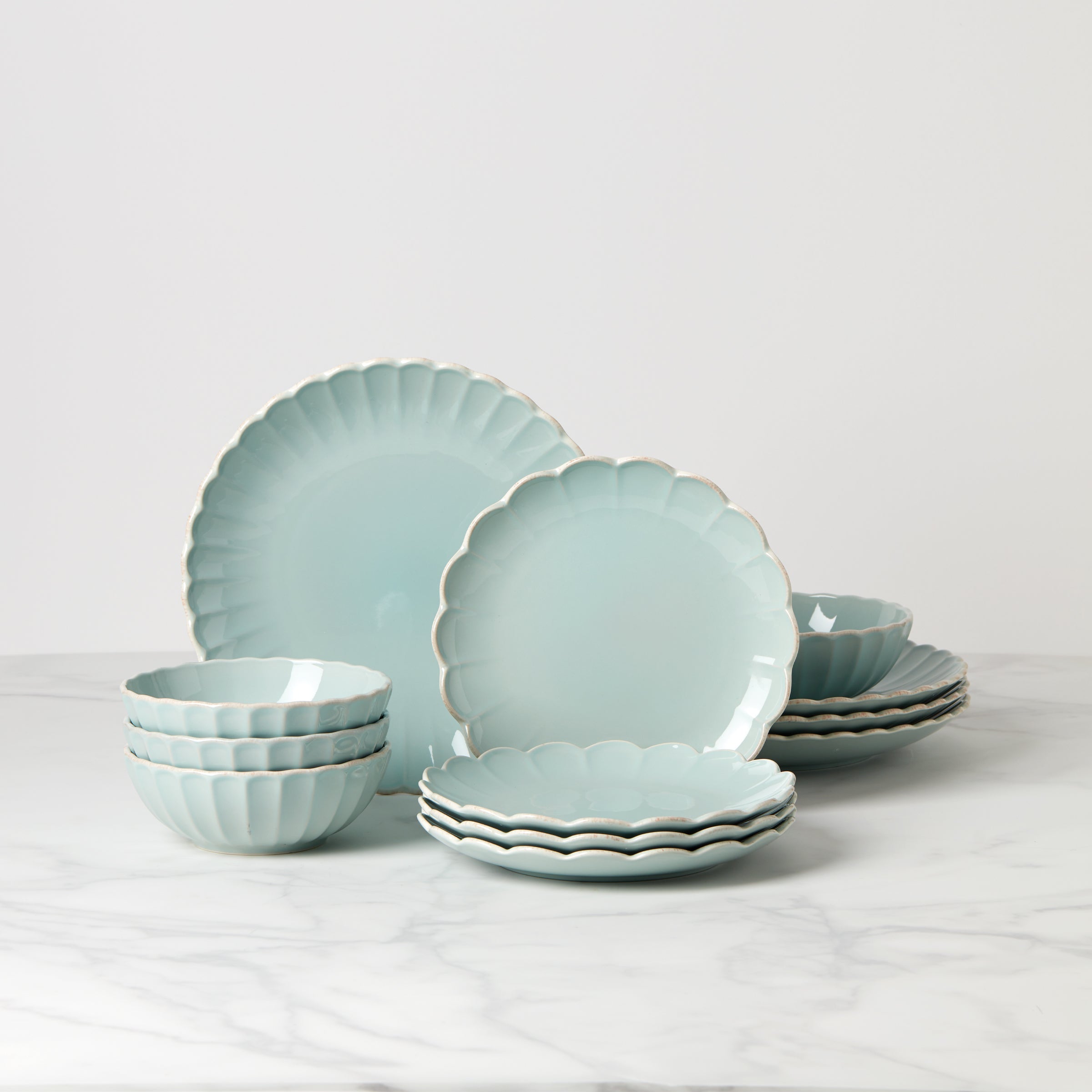 Scalloped Stoneware Dinnerware Set in Ice Blue | French Perle
