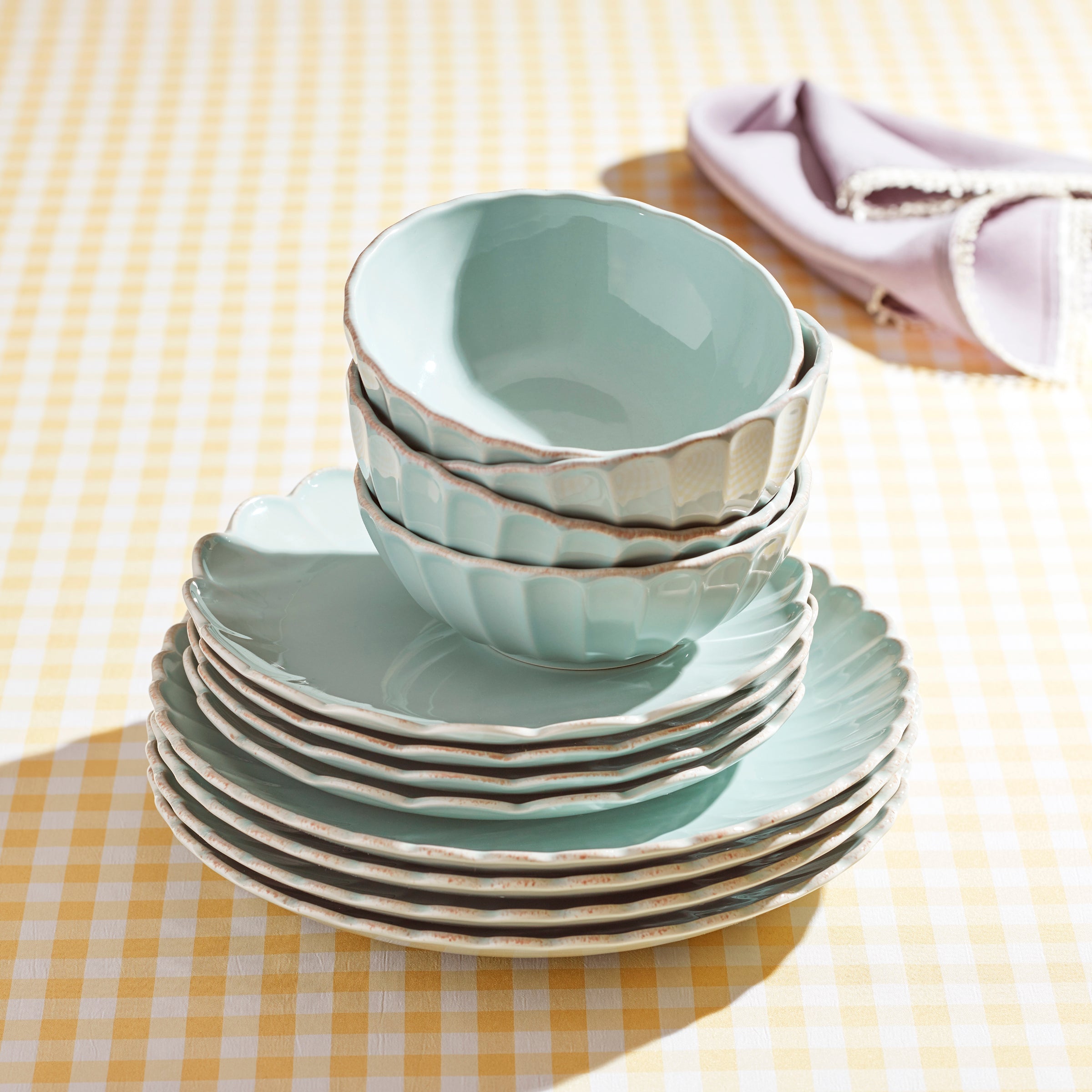 Scalloped Stoneware Dinnerware Set in Ice Blue | French Perle