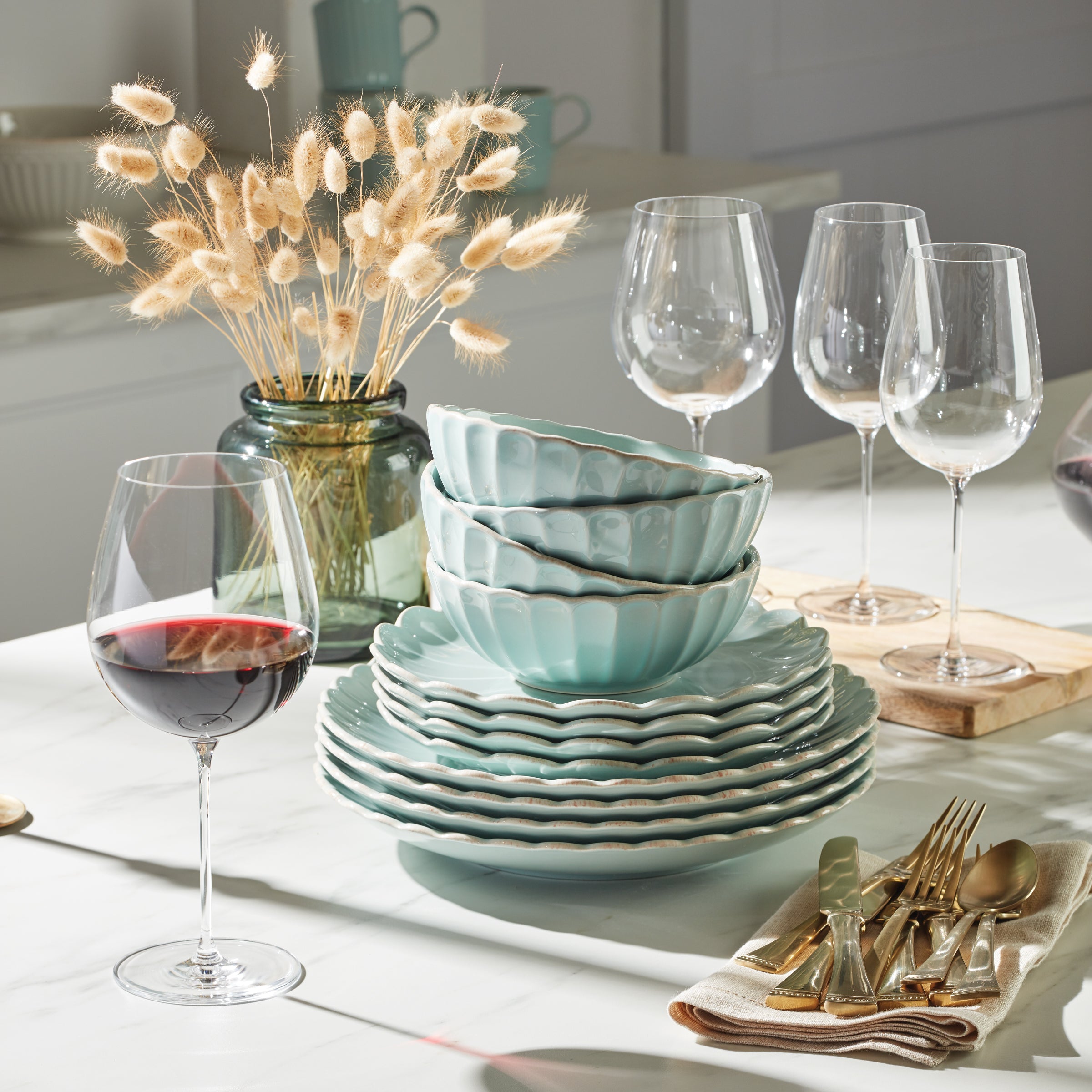 Scalloped Stoneware Dinnerware Set in Ice Blue | French Perle