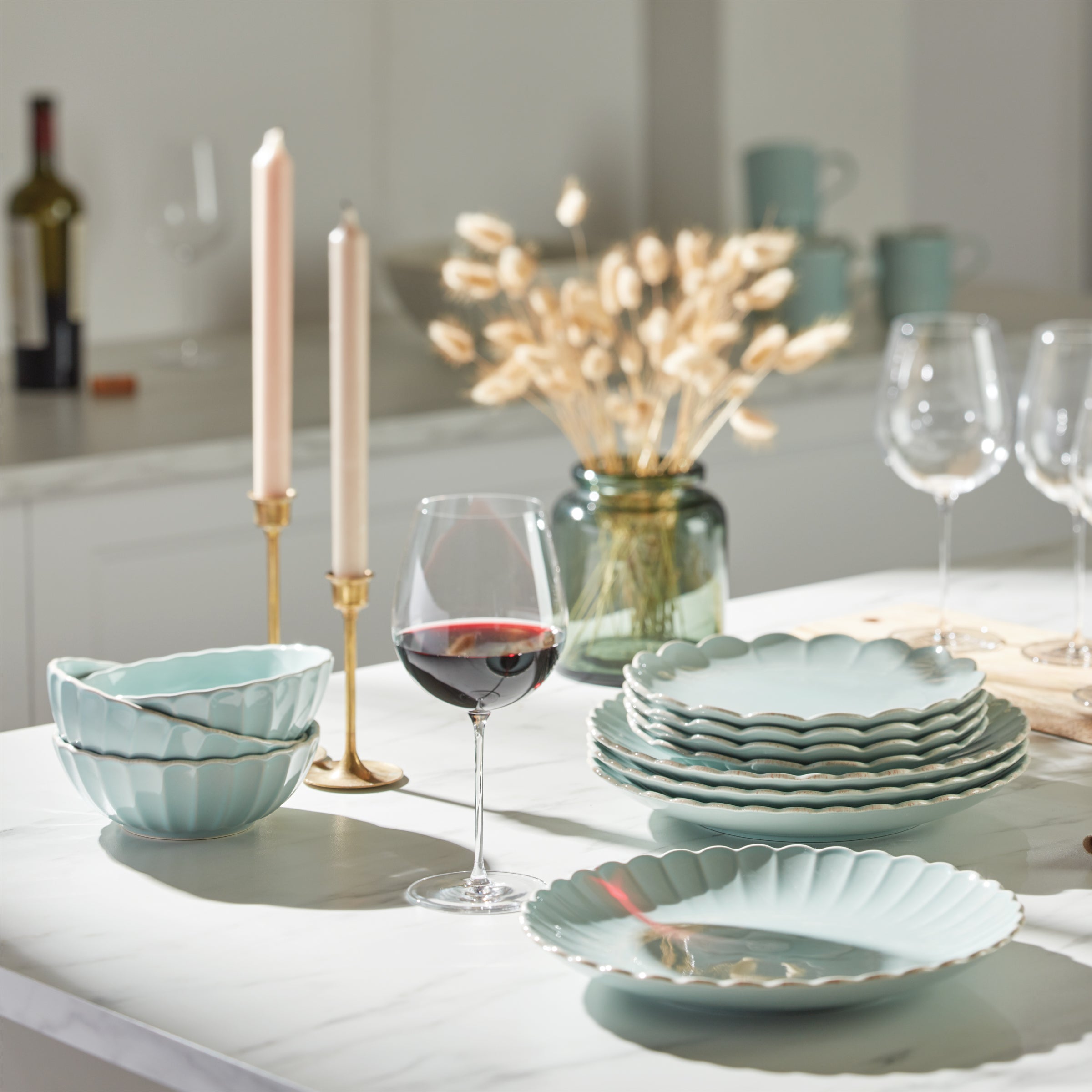 Scalloped Stoneware Dinnerware Set in Ice Blue | French Perle