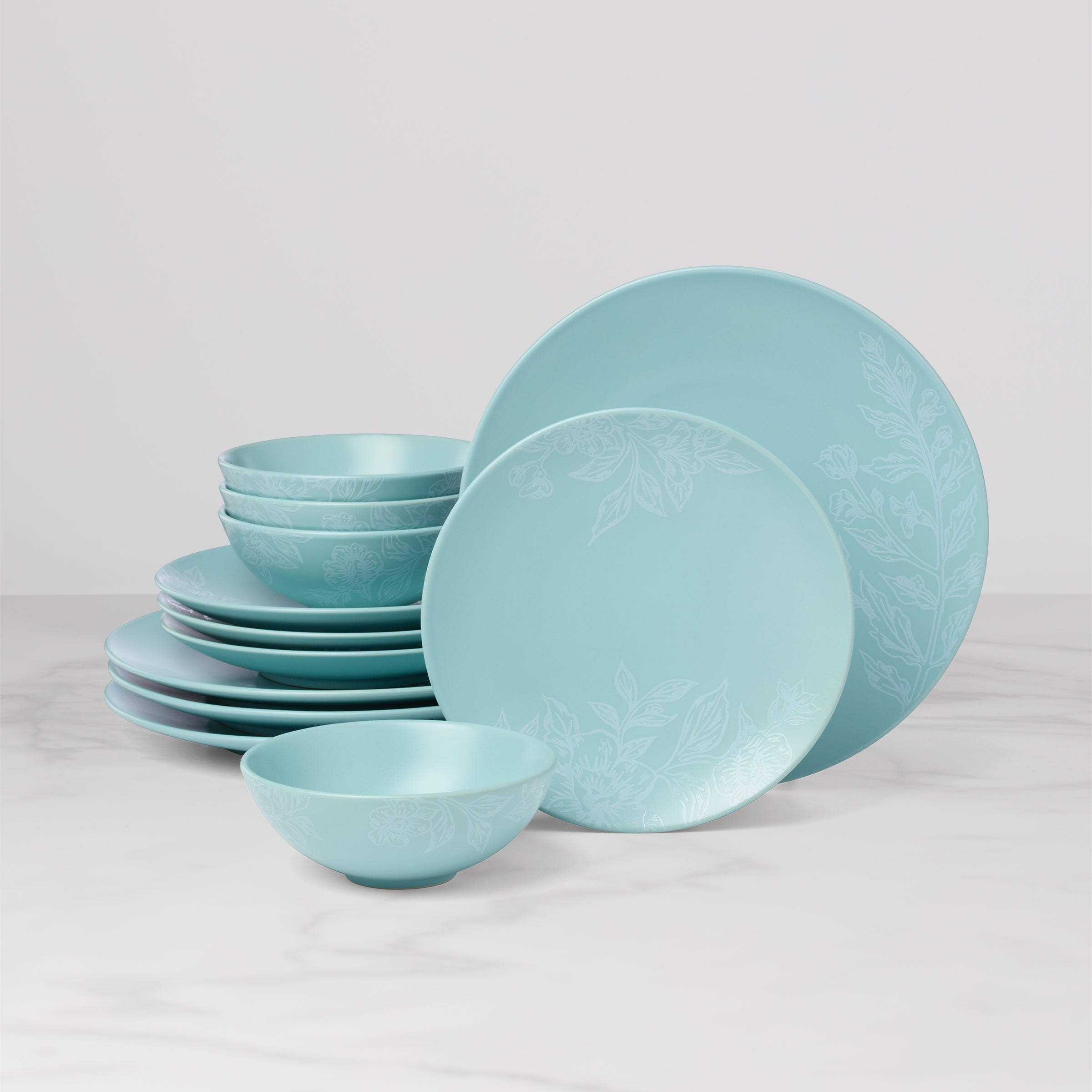 French Blue Dinnerware Set 12-Piece with Floral Silhouettes | Roseto