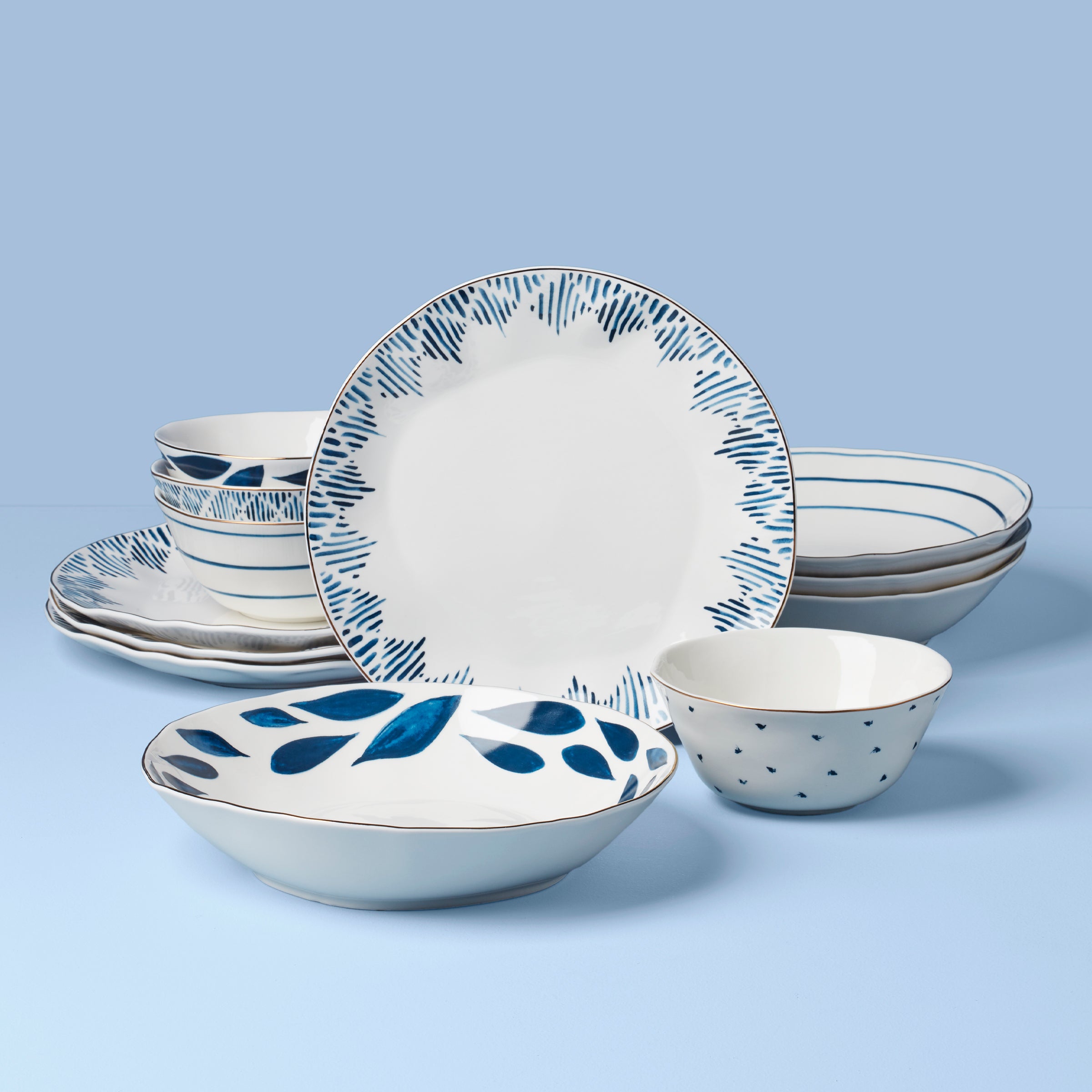Porcelain Dinnerware Set with Gold Accents & Organic Designs | Blue Bay