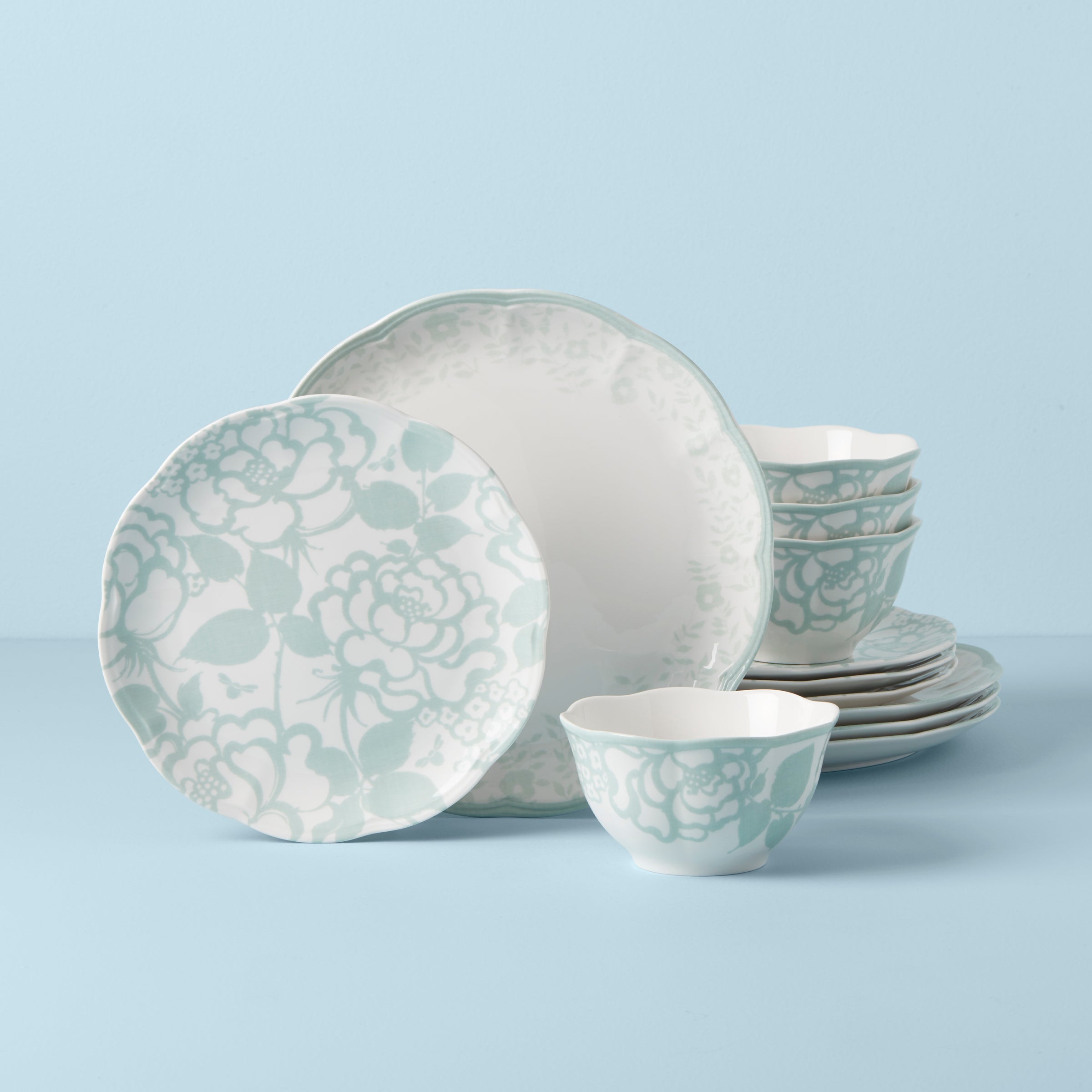 Scalloped Sage Dinnerware Set with Floral Accents | Butterfly Meadow Cottage