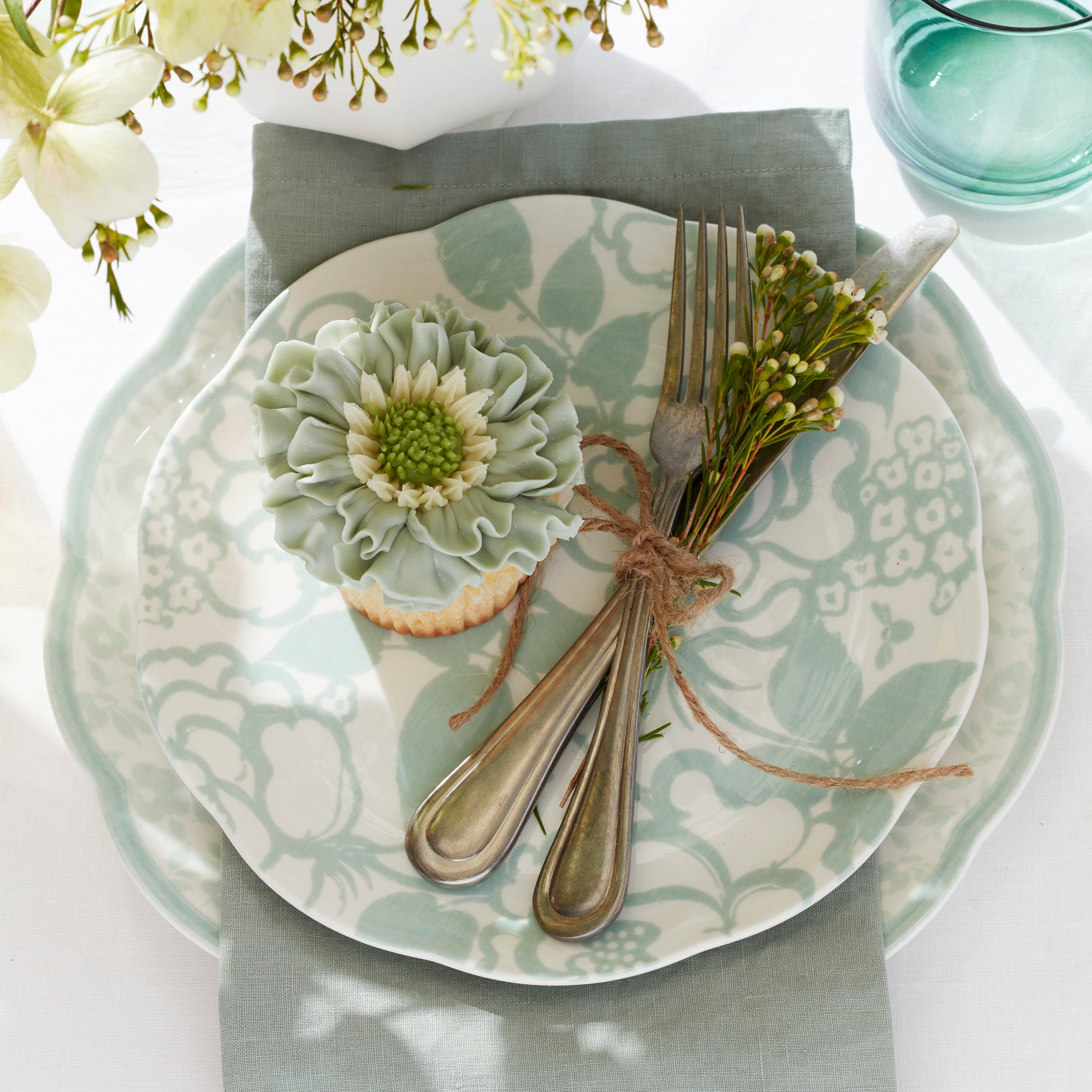 Scalloped Sage Dinnerware Set with Floral Accents | Butterfly Meadow Cottage