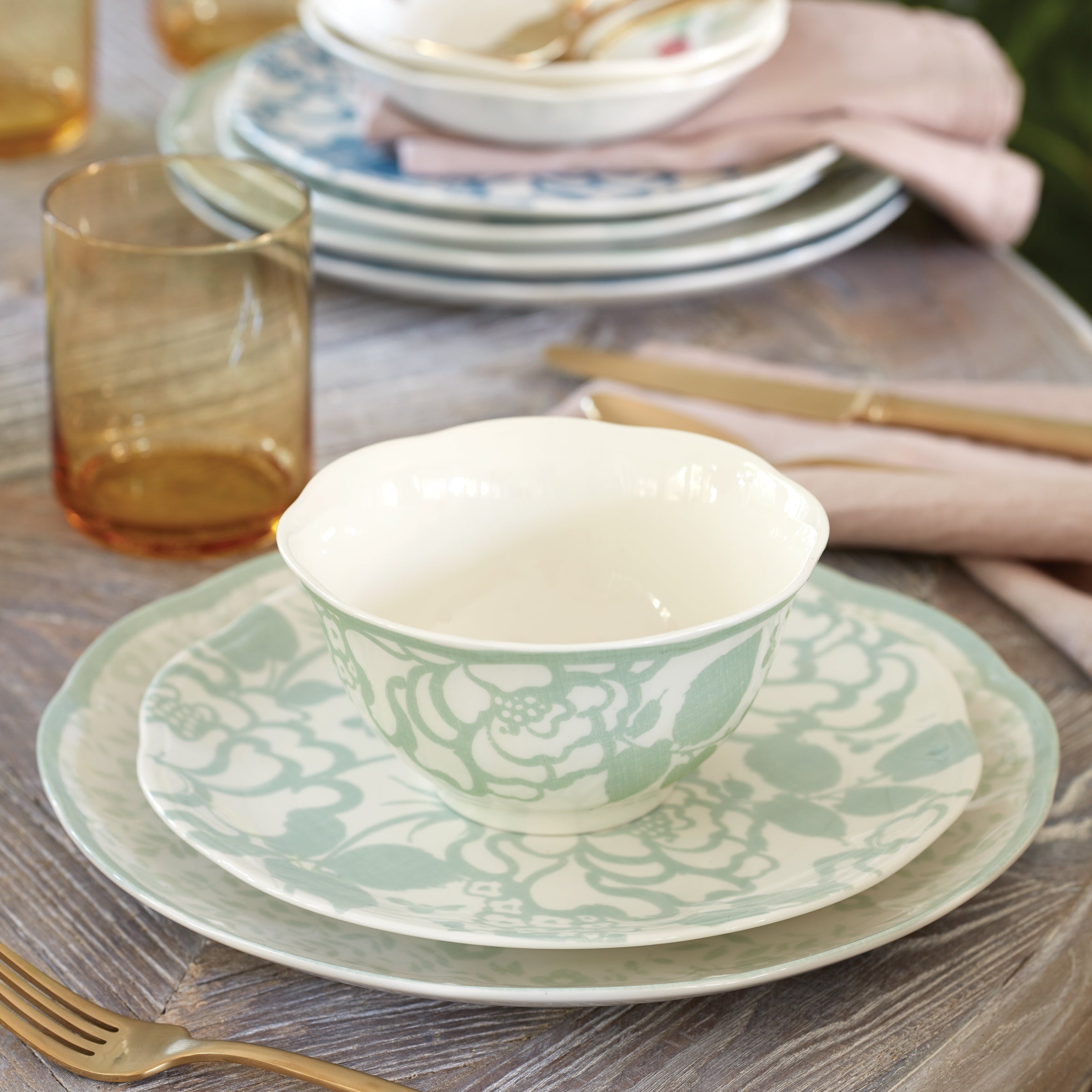 Scalloped Sage Dinnerware Set with Floral Accents | Butterfly Meadow Cottage