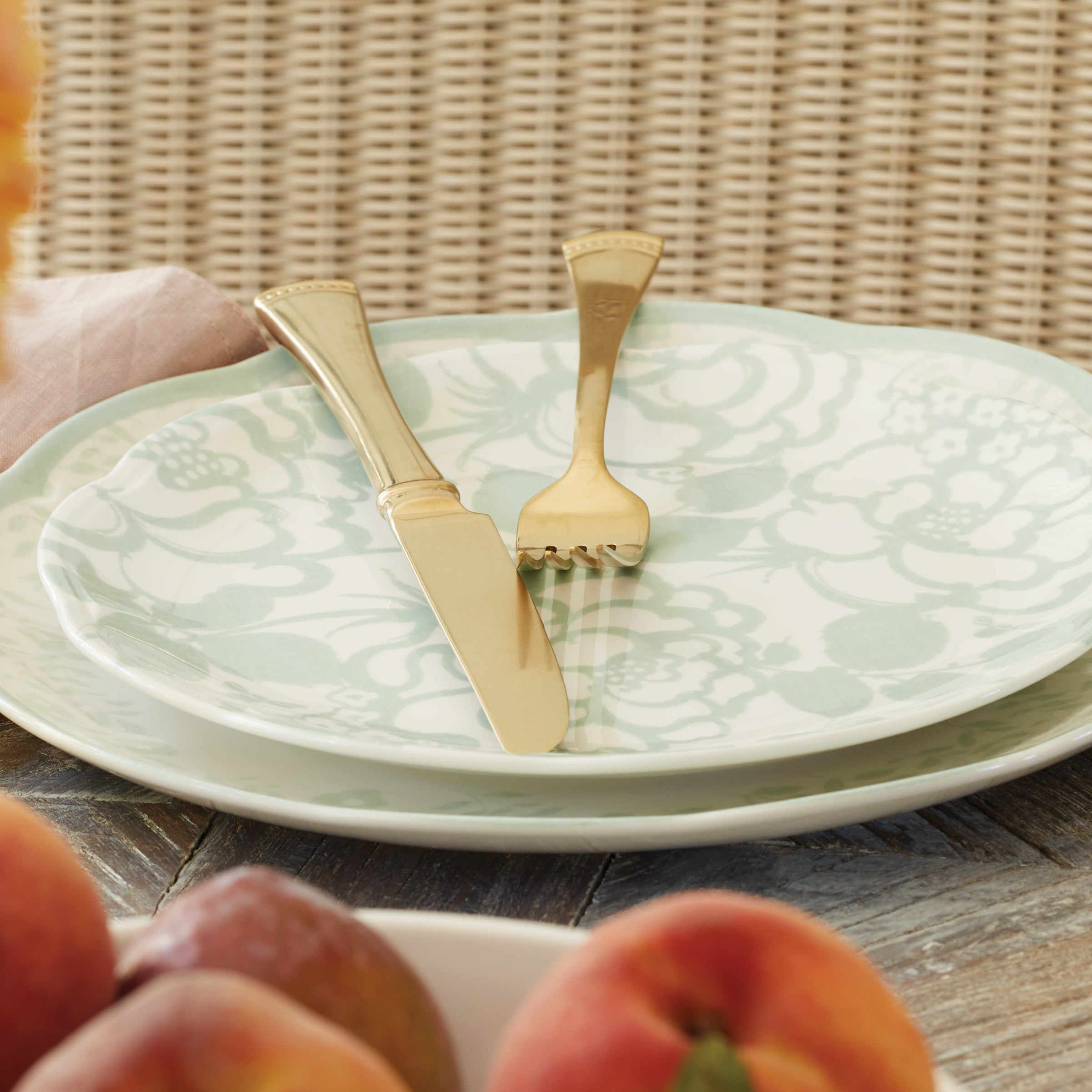 Scalloped Sage Dinnerware Set with Floral Accents | Butterfly Meadow Cottage