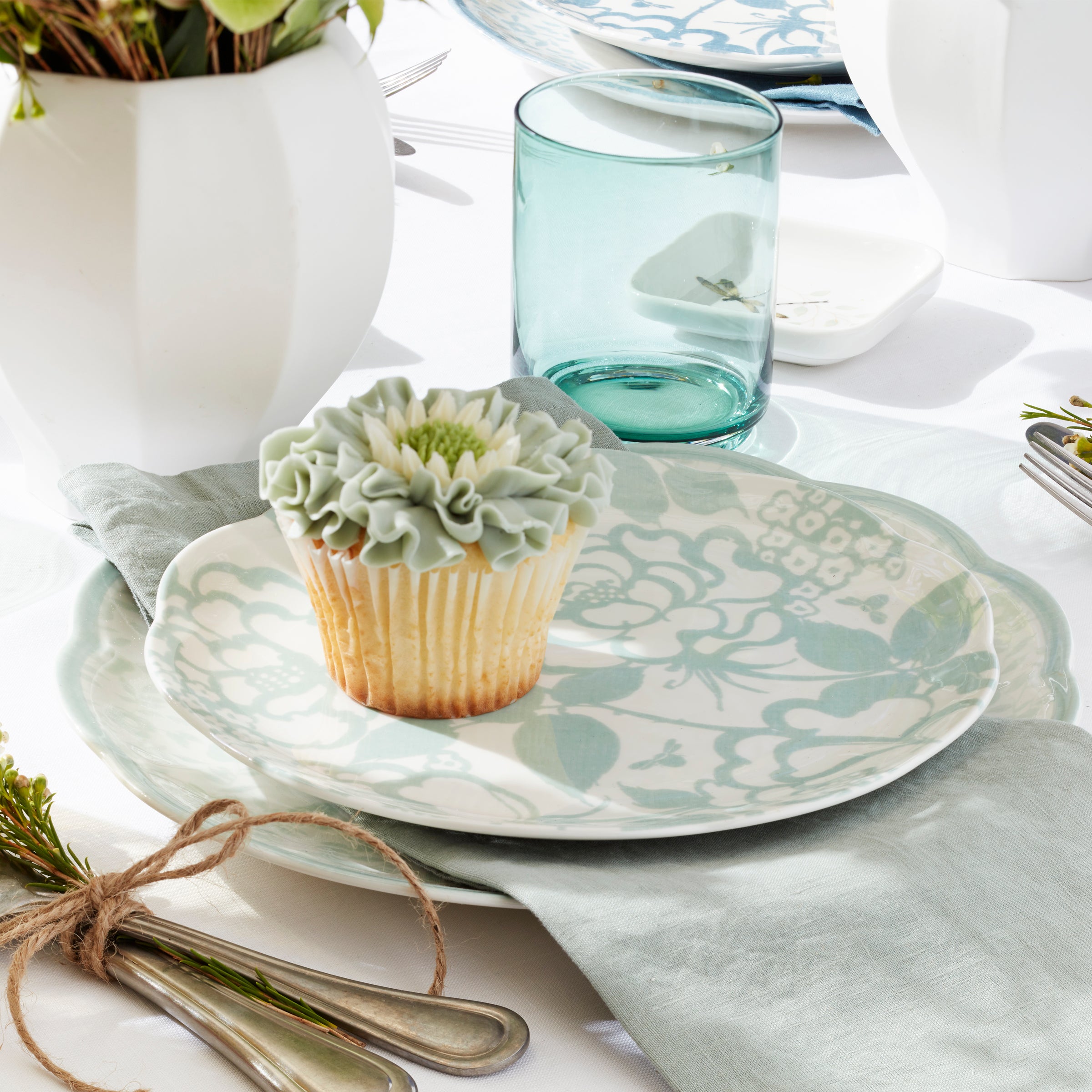 Scalloped Sage Dinnerware Set with Floral Accents | Butterfly Meadow Cottage